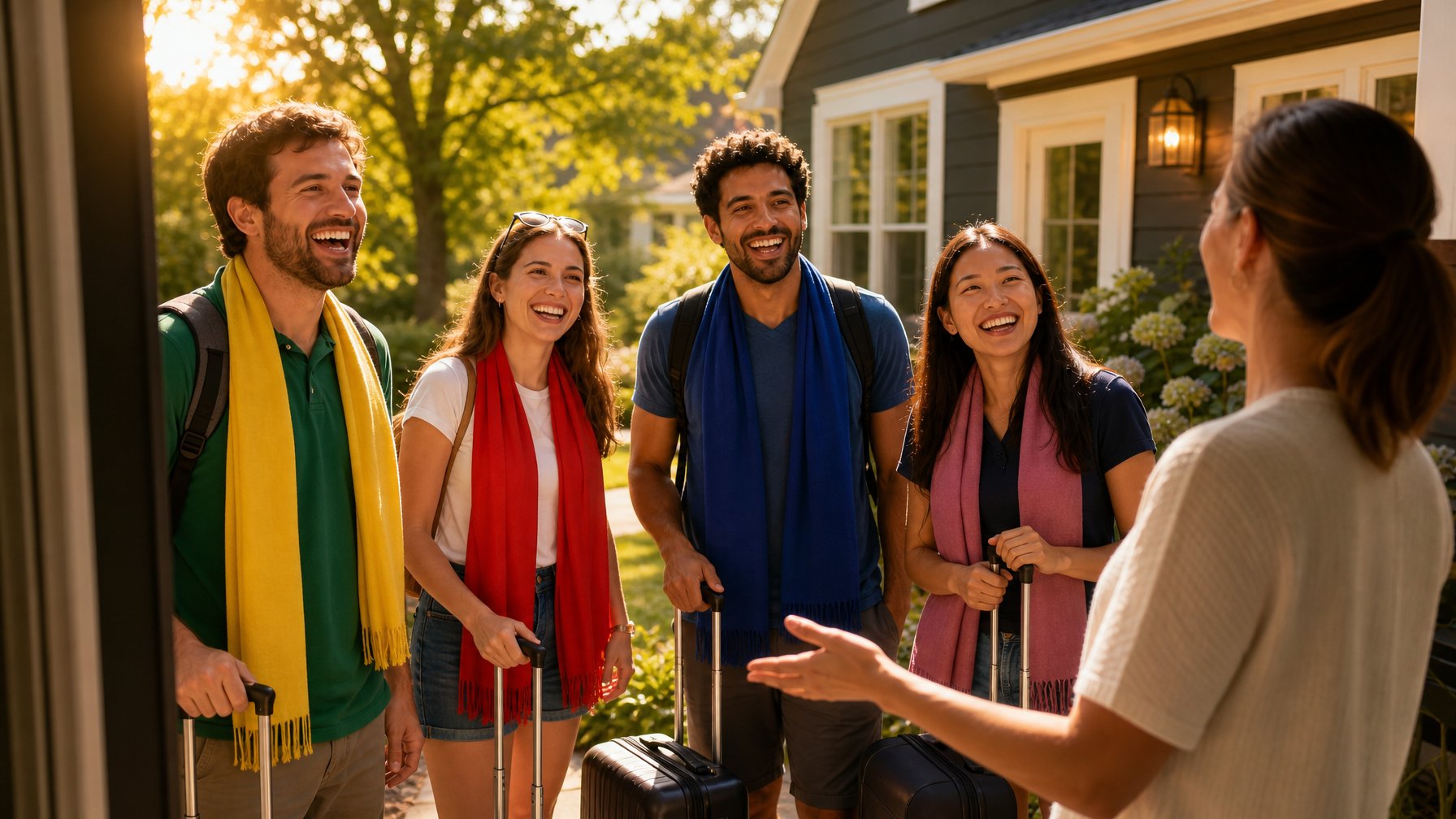 Group of international travelers with suitcases arriving at a vacation rental home, greeted by the host at the door during golden hour
