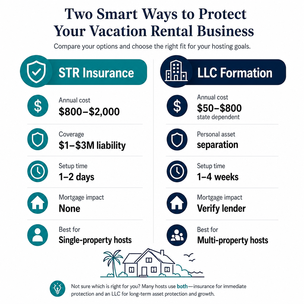 A side-by-side comparison of STR insurance versus LLC formation for vacation rental host liability protection, showing cost, coverage, and setup differences