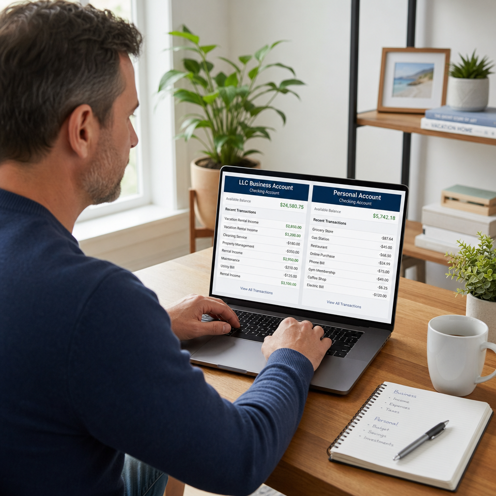A vacation rental host reviewing a separate LLC business bank account alongside a personal account on a laptop, showing the required financial separation for maintaining LLC protection