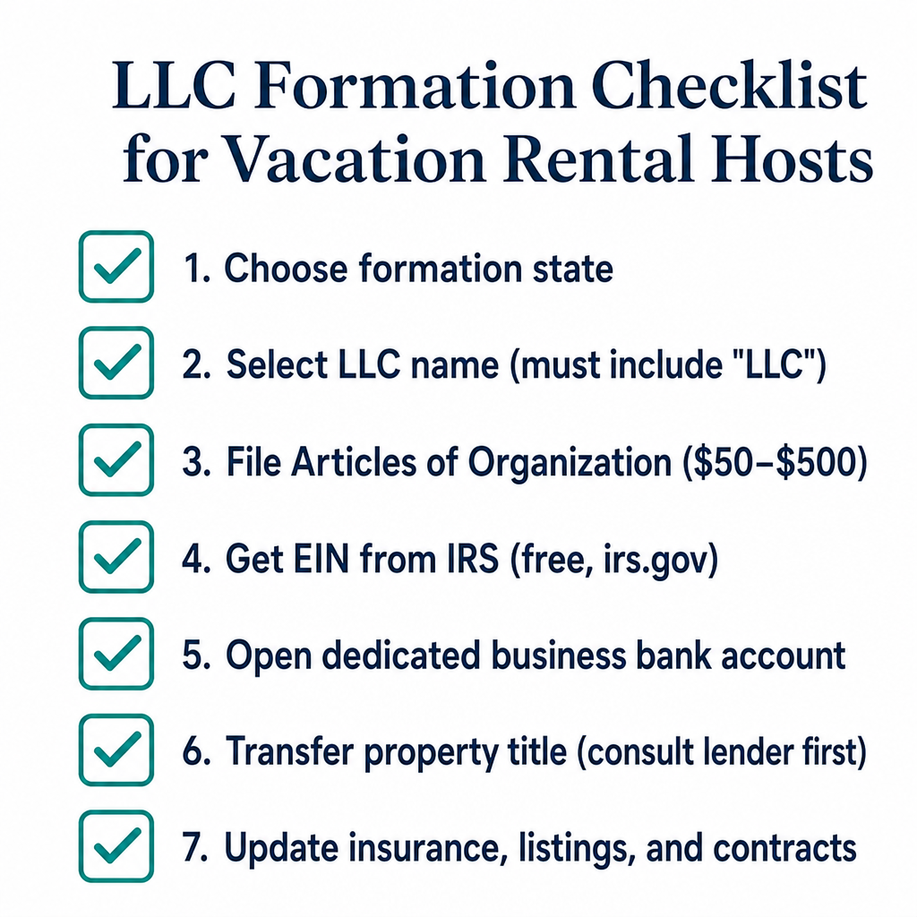 A seven-step LLC formation checklist for vacation rental hosts in 2026, covering state filing, EIN registration, business bank account setup, and property title transfer