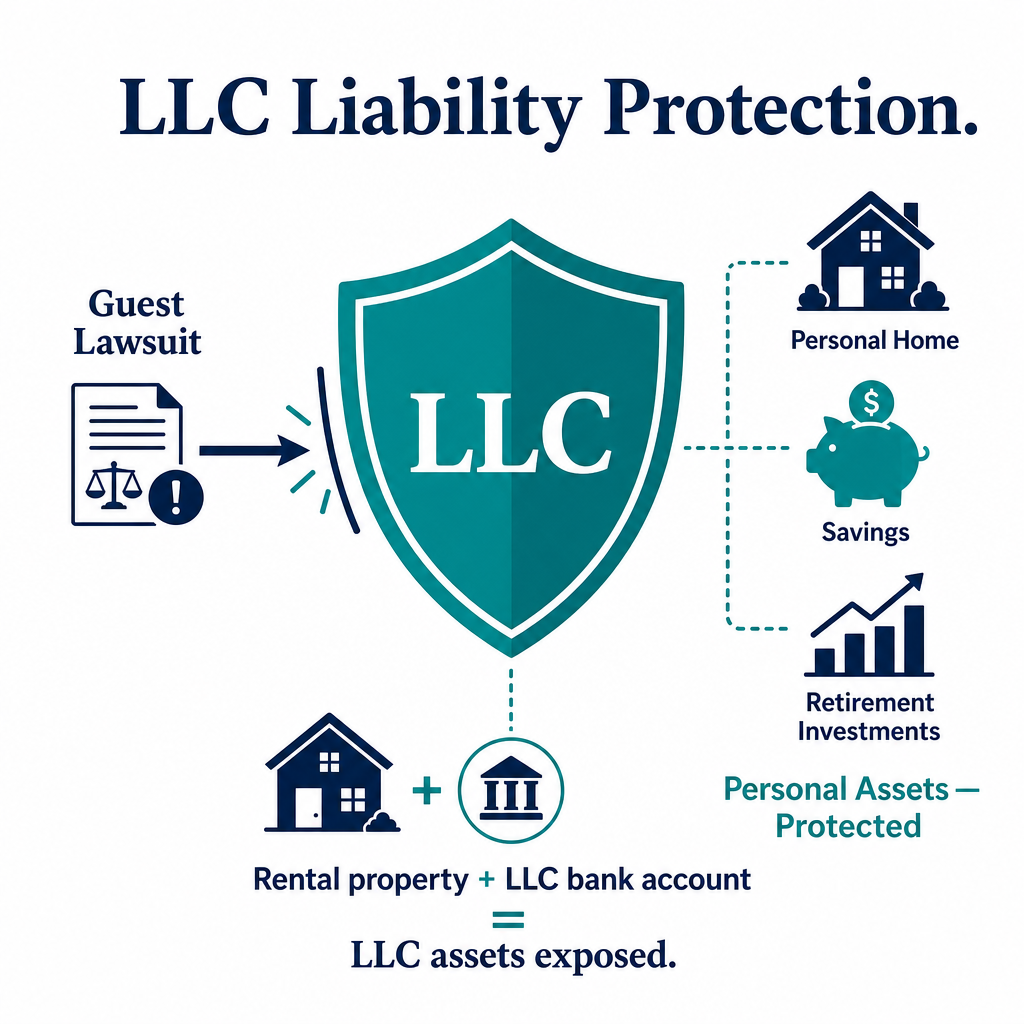 An editorial diagram showing how an LLC liability shield protects vacation rental host personal assets from guest lawsuit judgments, separating business and personal liability