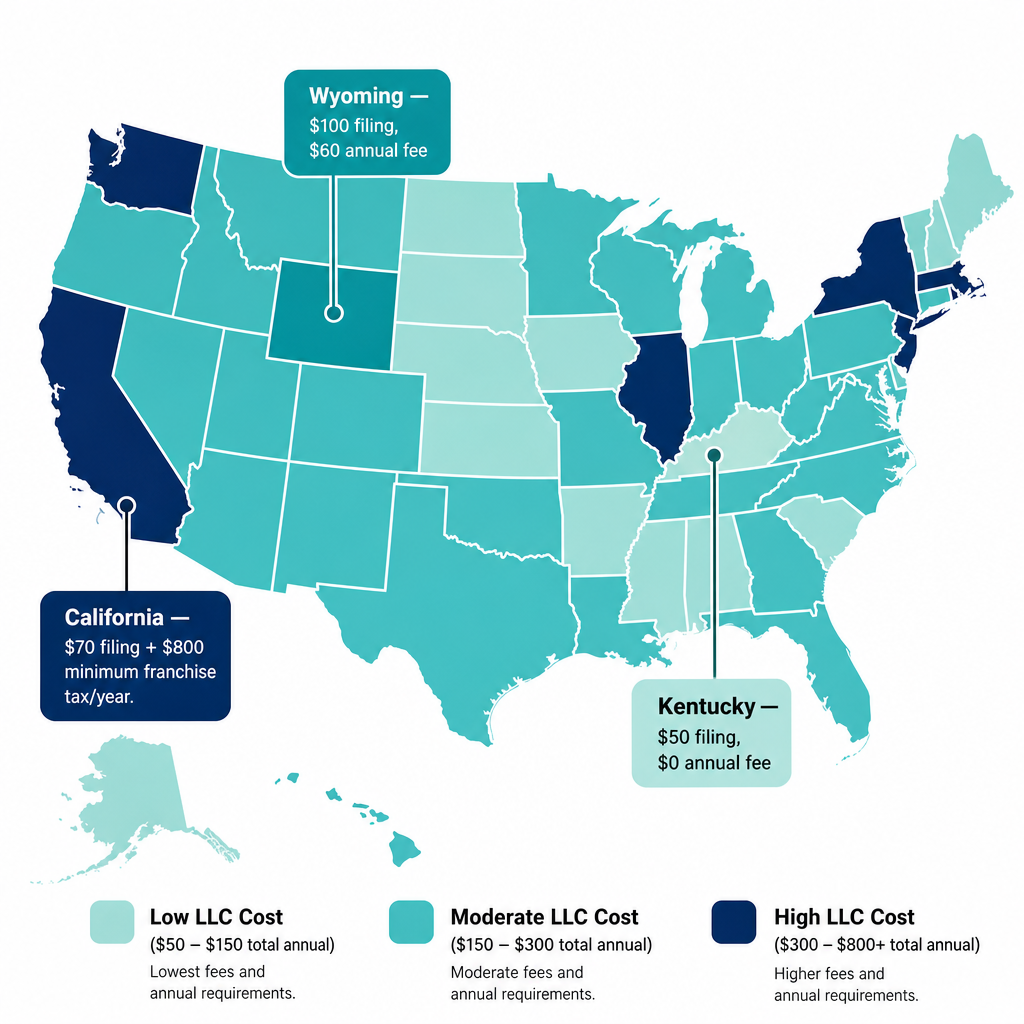 An editorial infographic showing vacation rental LLC formation costs by state tier, with low-cost states like Kentucky and Wyoming versus high-cost California franchise tax requirements