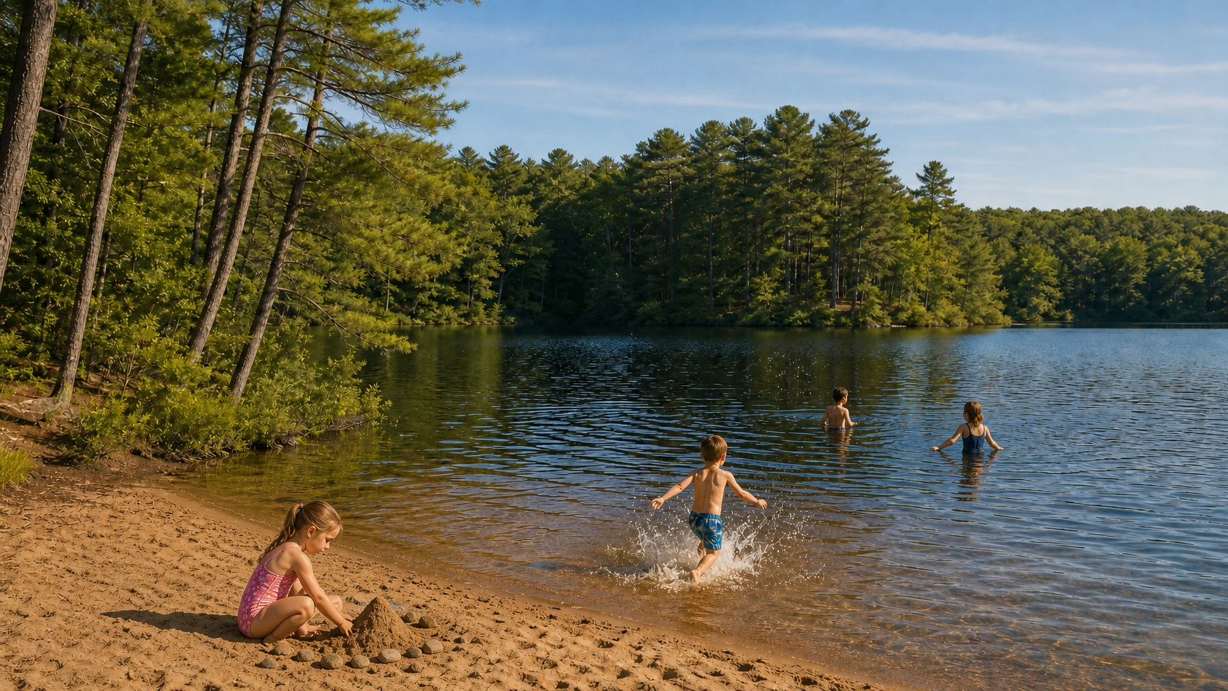 Guests swimming in a calm freshwater kettle pond on Cape Cod near their vacation rental, showing an alternative to ocean beach swimming in summer 2026