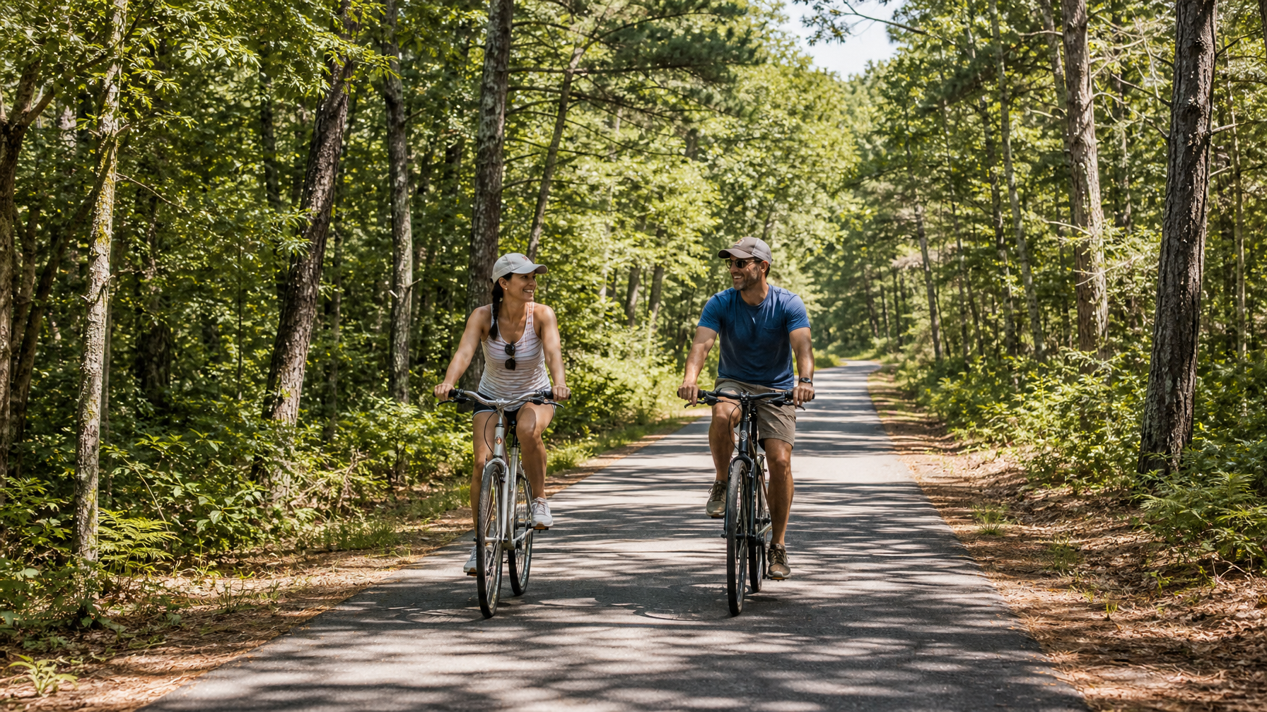 Guests cycling on the Cape Cod Rail Trail near their vacation rental in Dennis or Brewster, showing the iconic bike trail experience of a Cape Cod summer holiday