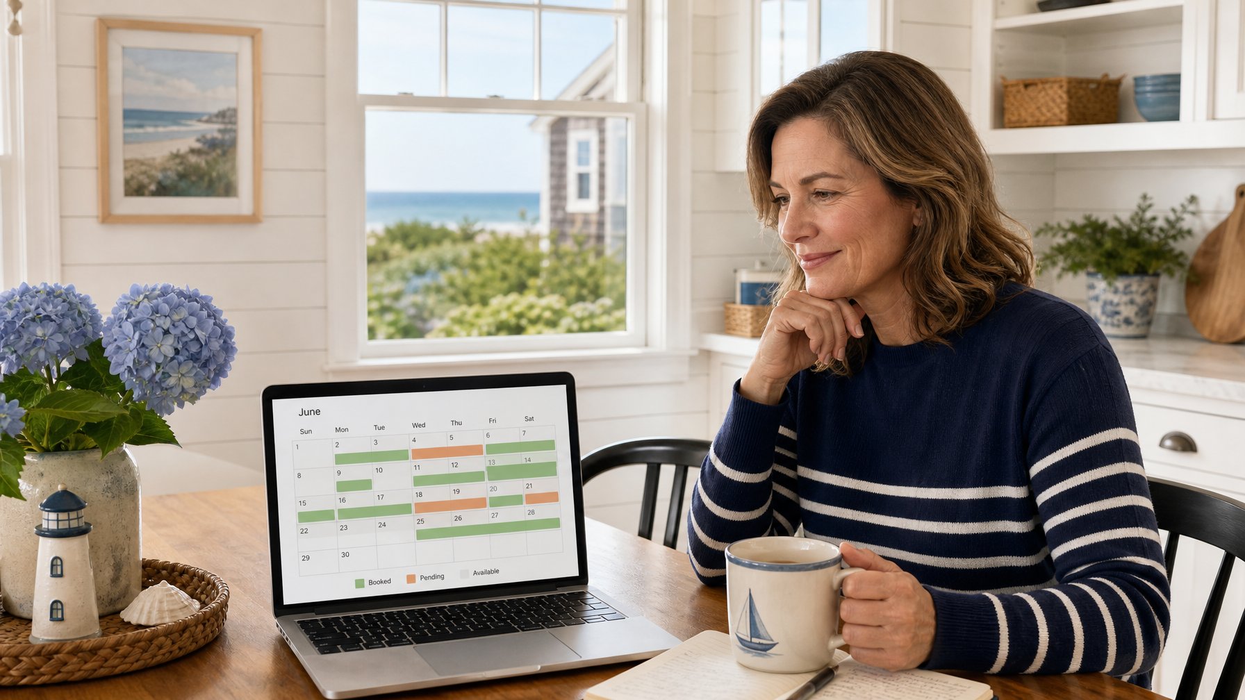 A Cape Cod vacation rental host reviewing their summer 2026 pricing strategy and direct booking calendar on a laptop in a classic New England coastal kitchen