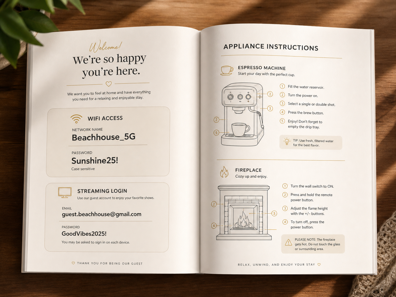 A vacation rental welcome book open to the WiFi credentials and appliance instructions section, showing clear formatting for guest ease of use