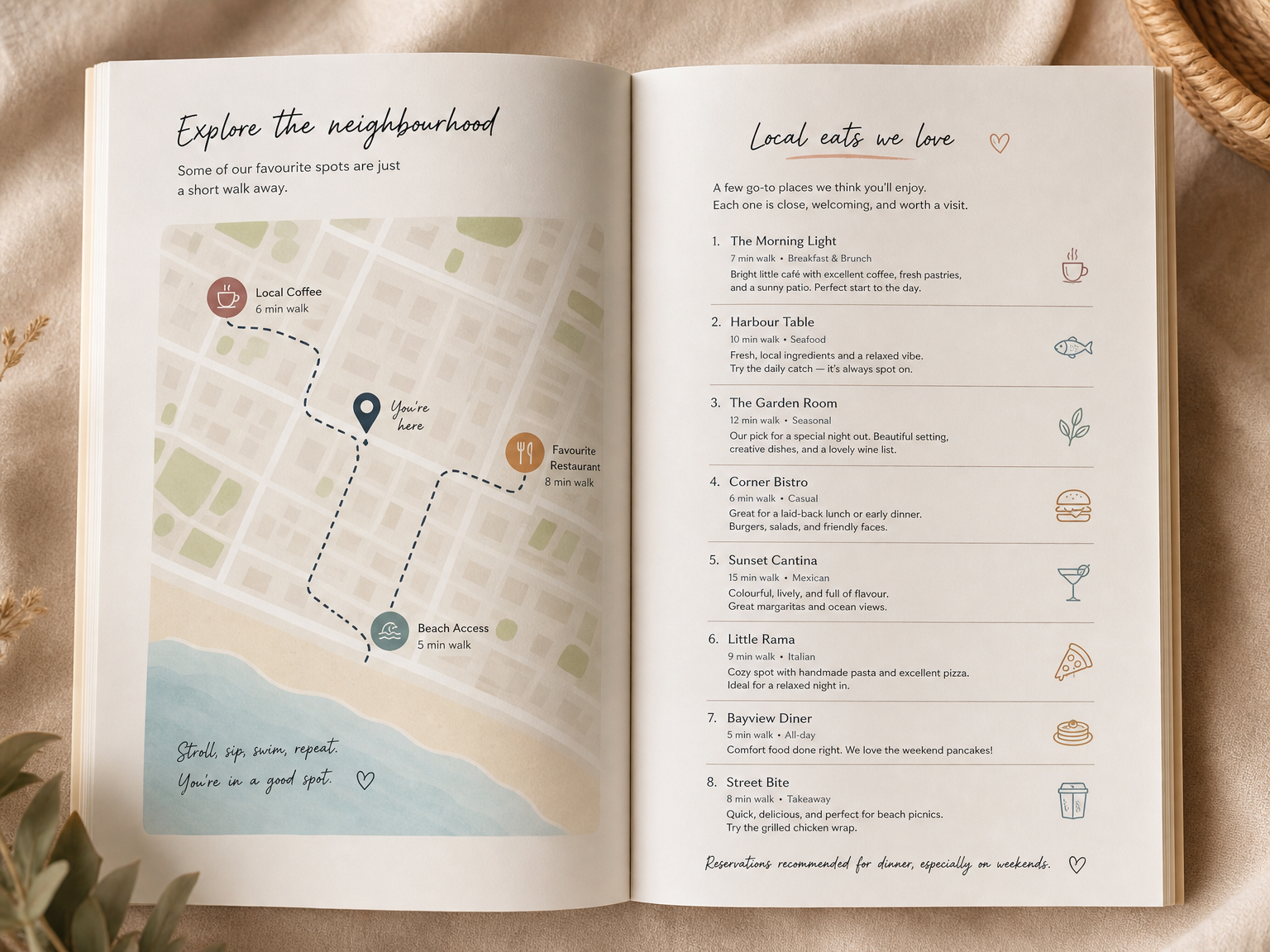 A vacation rental welcome book open to a hand-curated local restaurant and activity recommendations section with a neighbourhood map and personal host notes