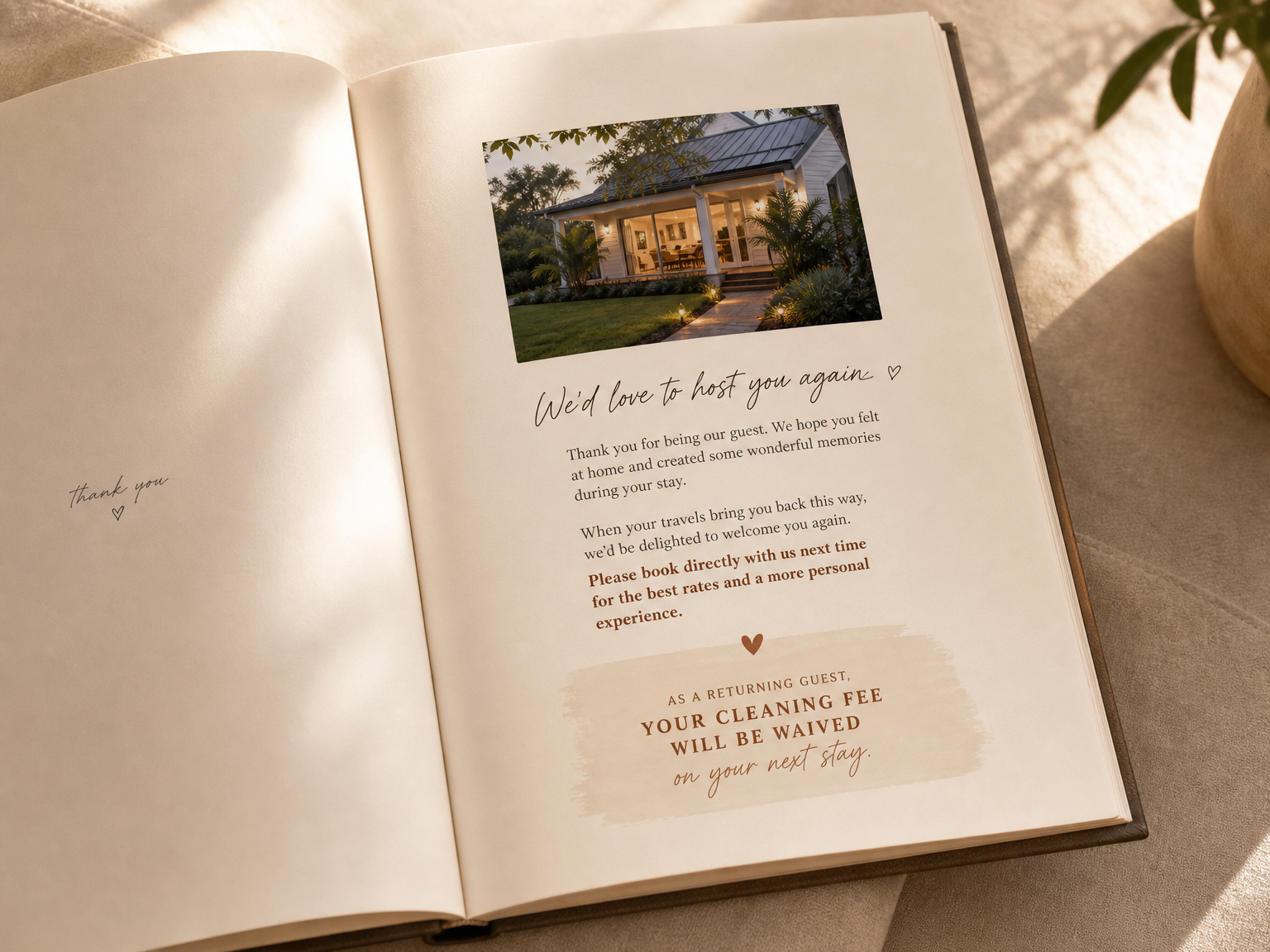 The final page of a vacation rental welcome book showing a direct booking invitation with the host's Houfy website address and a returning guest incentive