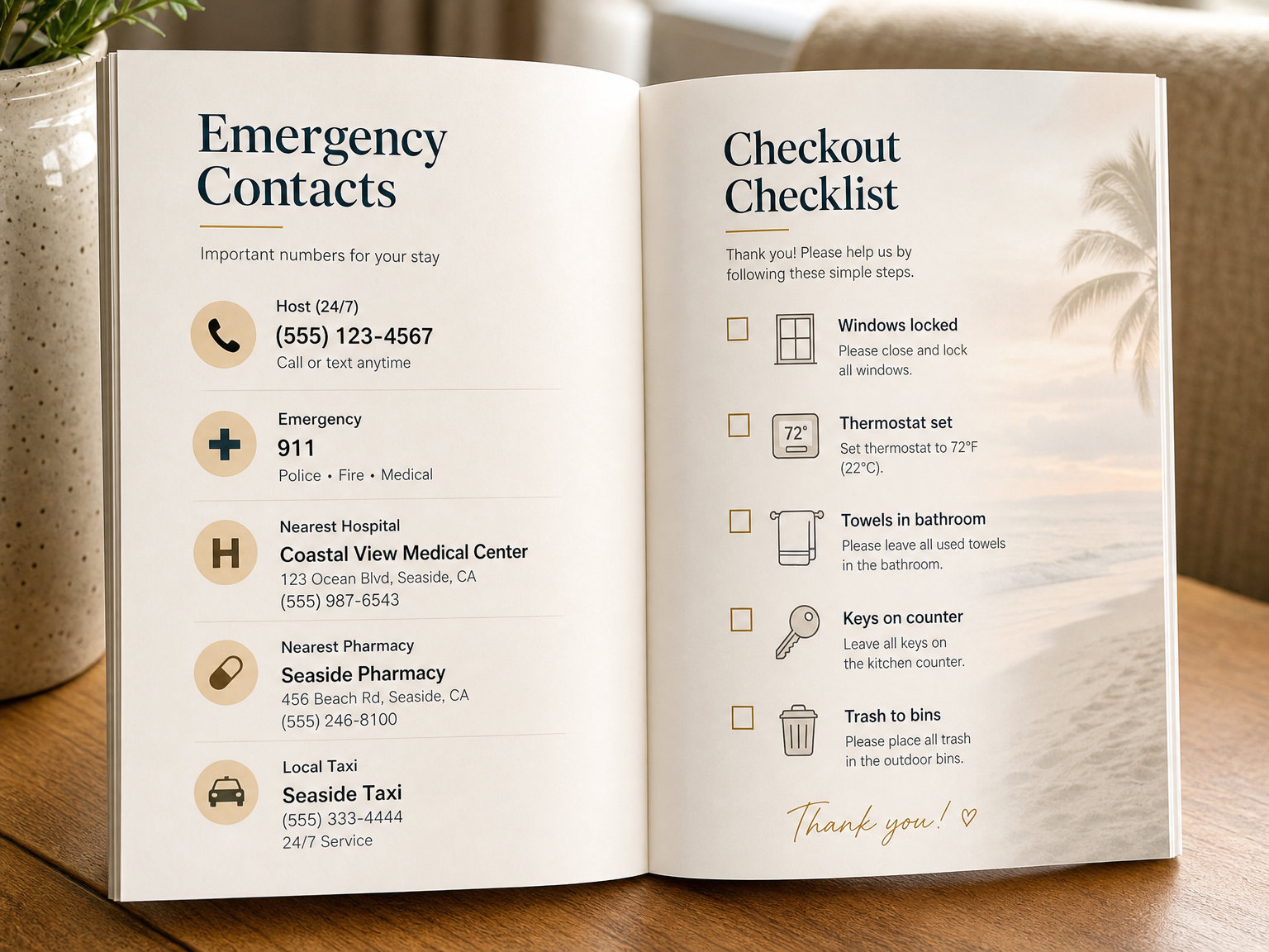 A vacation rental welcome book checkout checklist and emergency contacts page showing clear formatting for guest safety and departure logistics