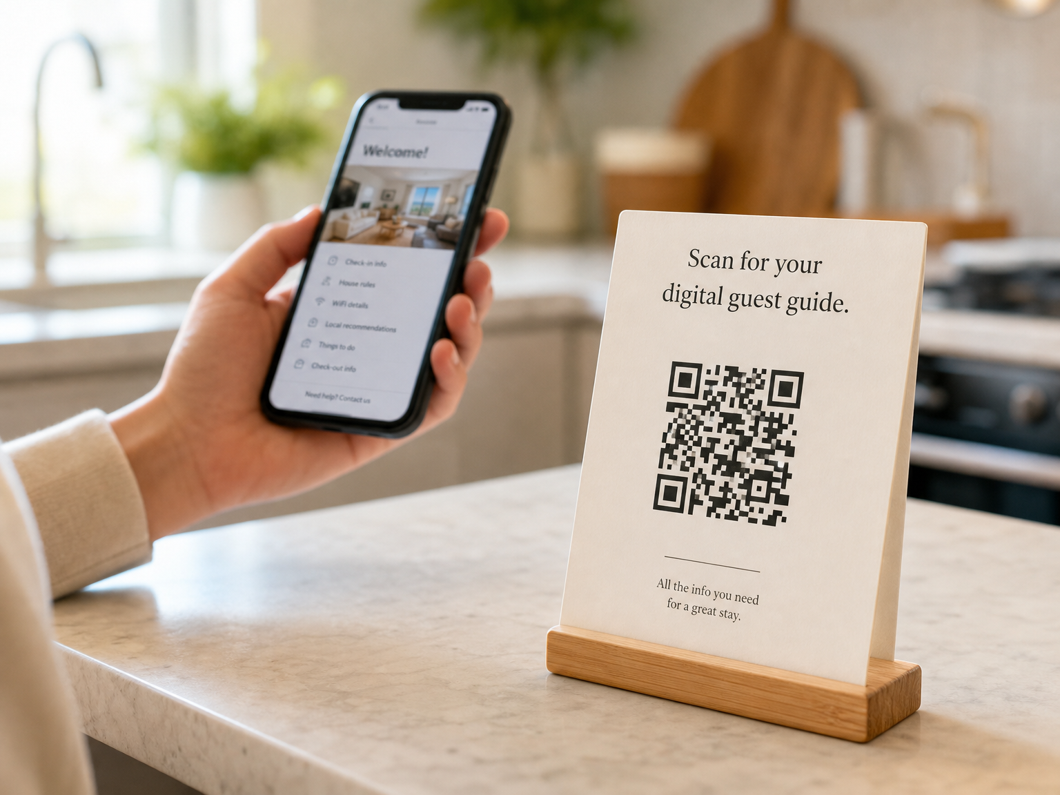 A vacation rental QR code card on a kitchen counter linking to a digital welcome book on a guest's smartphone, showing the modern digital welcome guide format