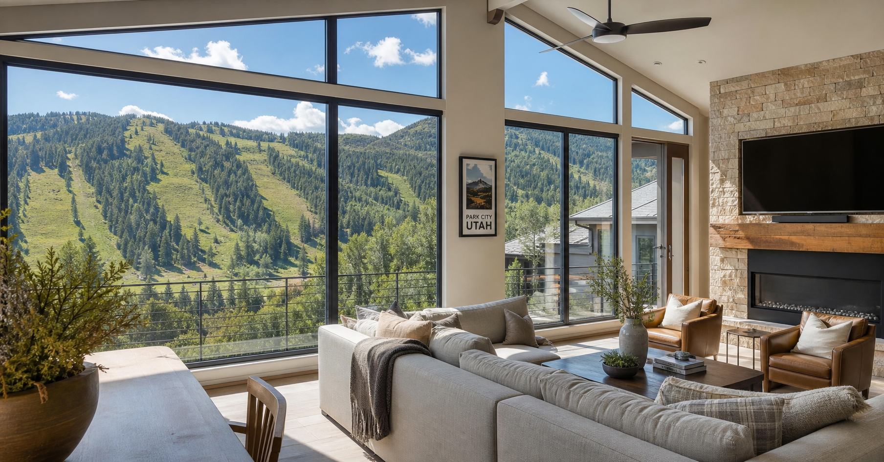 A Park City Utah mountain vacation rental with views of the ski resort slopes in summer showing green runs used for hiking and biking in 2026