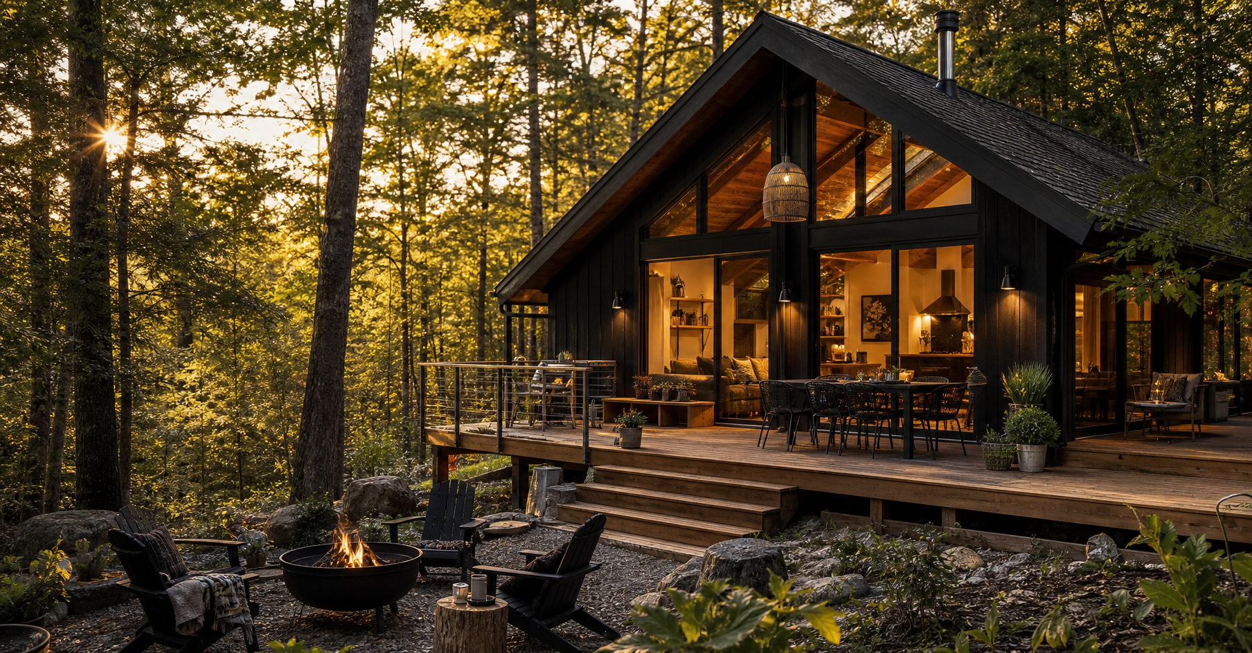 A renovated Catskills New York vacation rental cabin with a firepit and deck surrounded by hardwood forest, representing the revived mountain weekend rental market for NYC guests in 2026