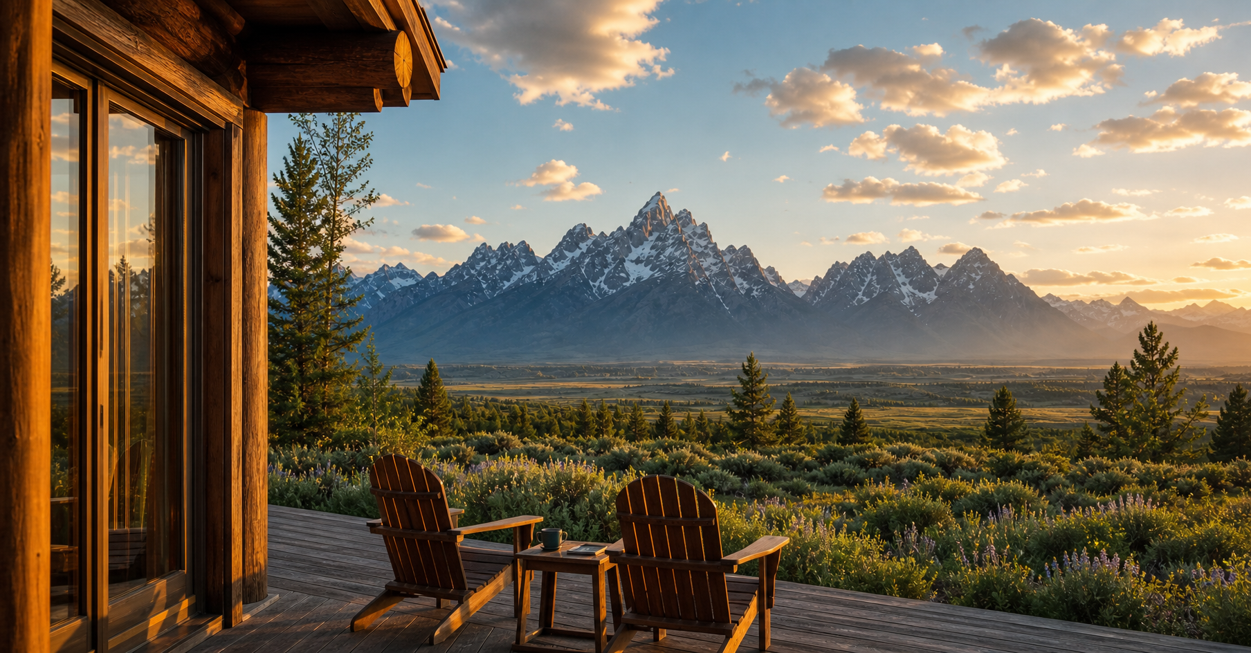 A mountain vacation rental cabin in Jackson Hole Wyoming with panoramic views of the Grand Teton mountain range in summer 2026