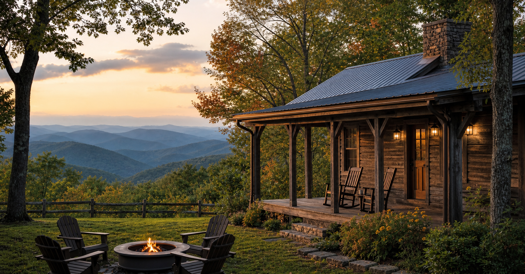 A cosy mountain vacation rental cabin in the Blue Ridge Mountains of North Carolina with a rocking chair porch and autumn foliage views for 2026 guests