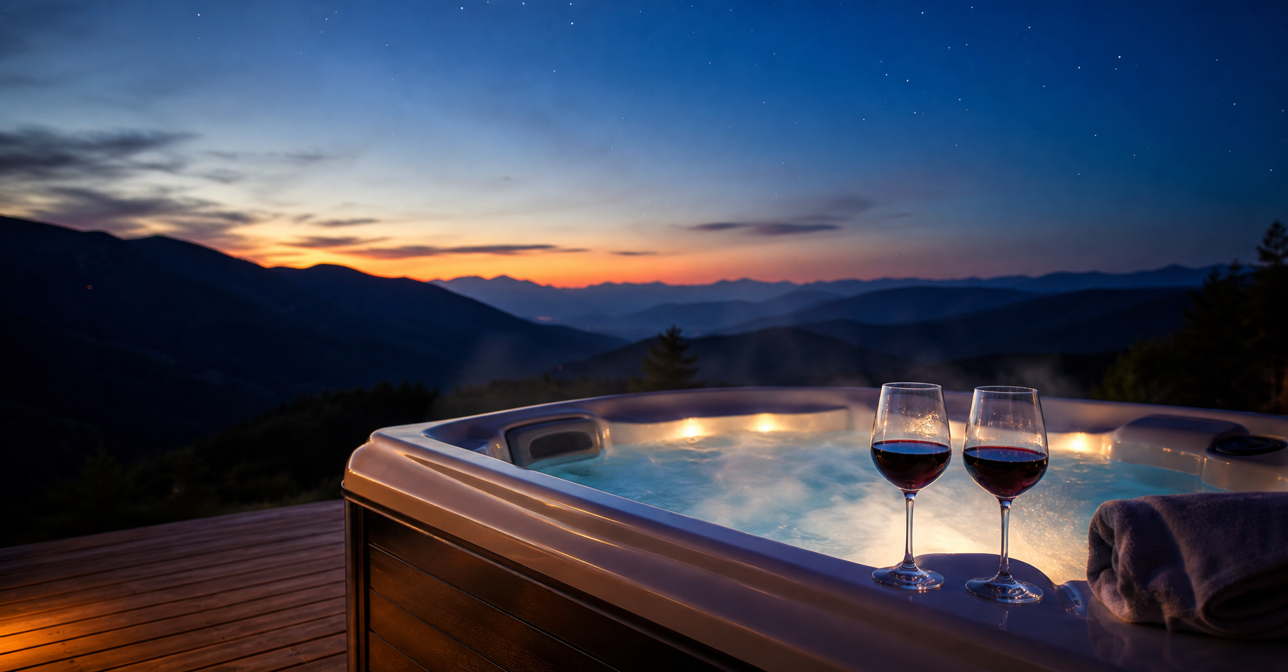A vacation rental hot tub on a mountain cabin deck at dusk with views of mountain peaks and a clear starry sky, showing the premium amenity that drives repeat mountain bookings