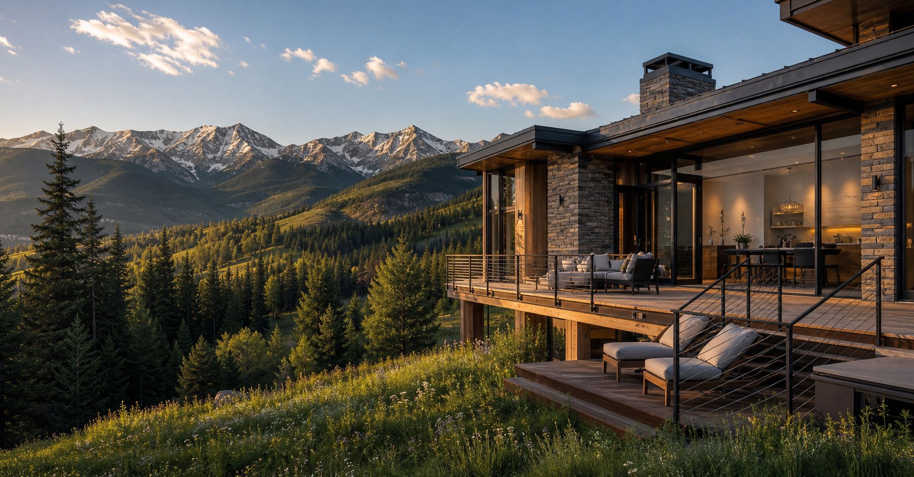 A luxury Aspen Colorado mountain vacation rental chalet with wood and stone facade and a deck overlooking a pine forest valley and snow-dusted mountain peaks in summer 2026