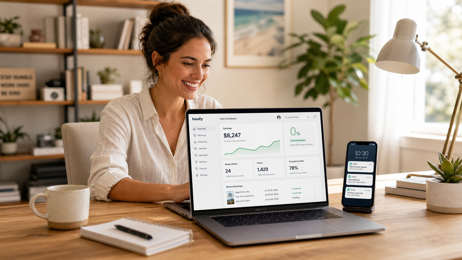 Vacation rental host managing World Cup 2026 Semifinal bookings on a direct booking platform dashboard with zero commission notifications