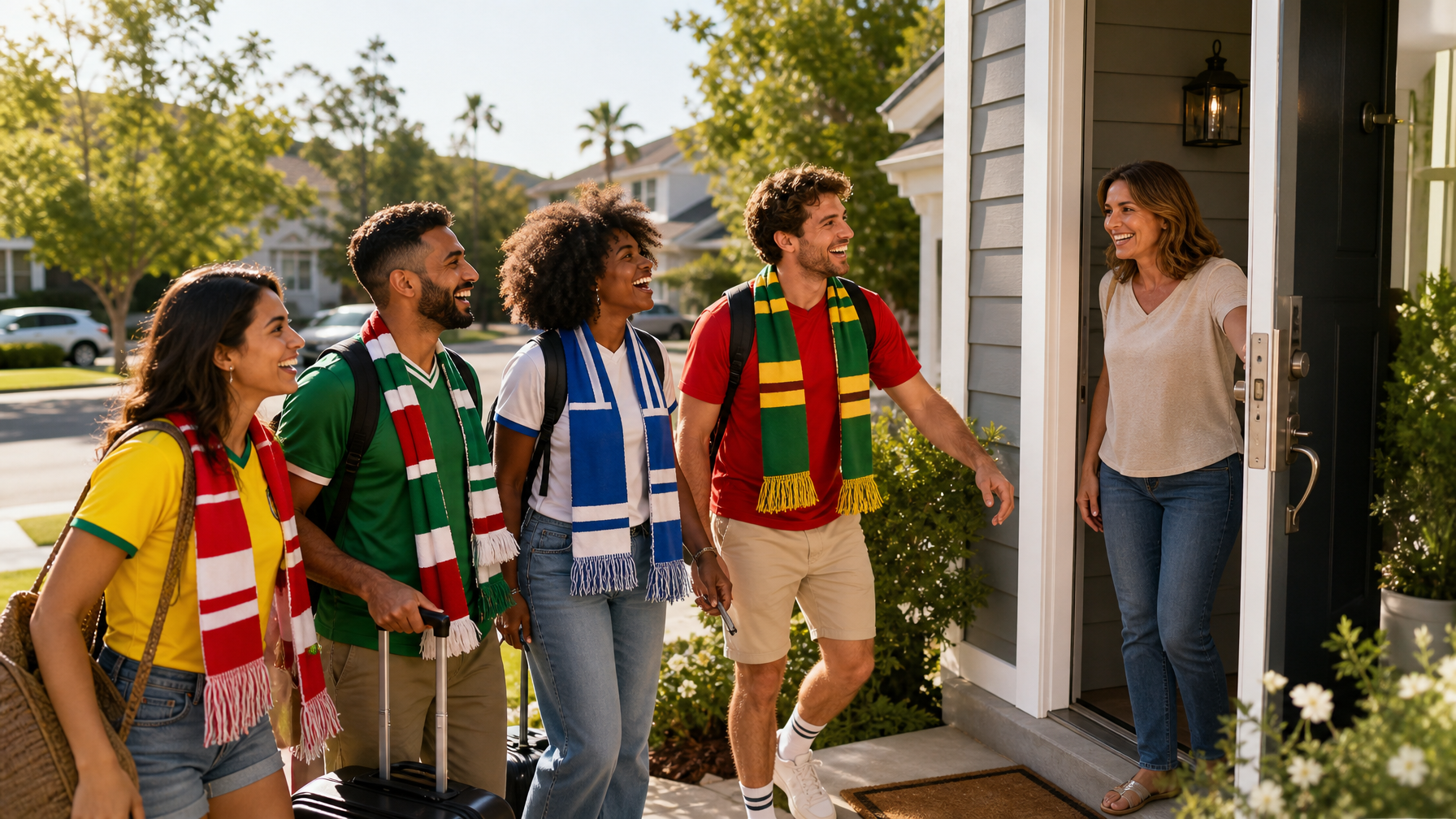 International soccer fans from multiple countries arriving at a US host city vacation rental for the FIFA World Cup 2026 Semifinals