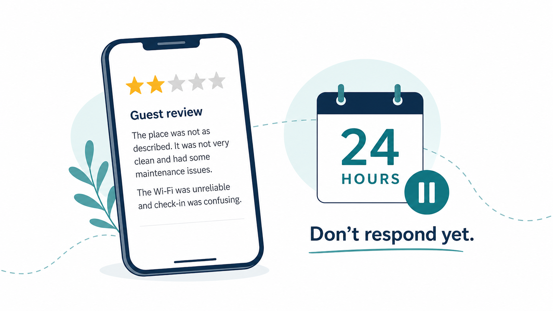 A 24-hour waiting period reminder for vacation rental hosts before responding to a negative guest review, showing the emotional management step in review strategy