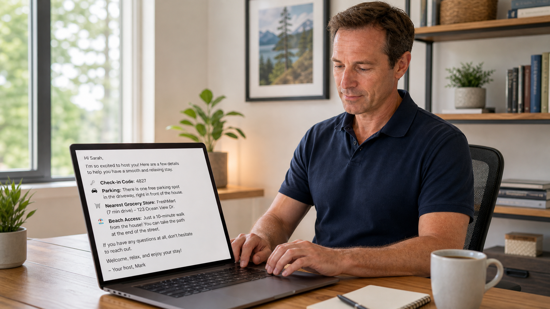 A vacation rental host sending a detailed pre-arrival message to a guest with property specifics and local tips to manage expectations before check-in and prevent negative reviews