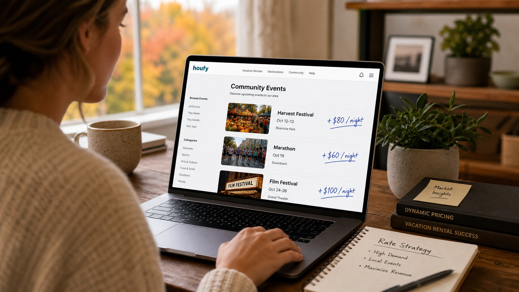A vacation rental host identifying local fall events to adjust pricing around for shoulder season revenue optimization in 2026