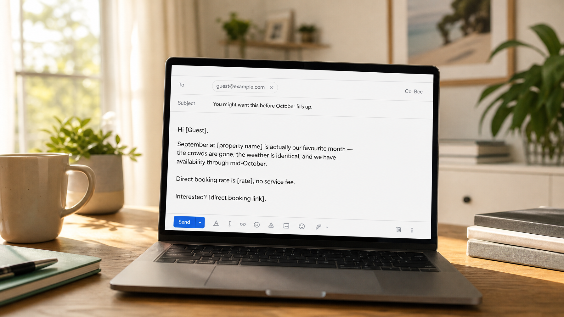 A vacation rental host's email outreach to past summer guests offering a shoulder season rate and direct booking link to convert repeat bookings in fall 2026