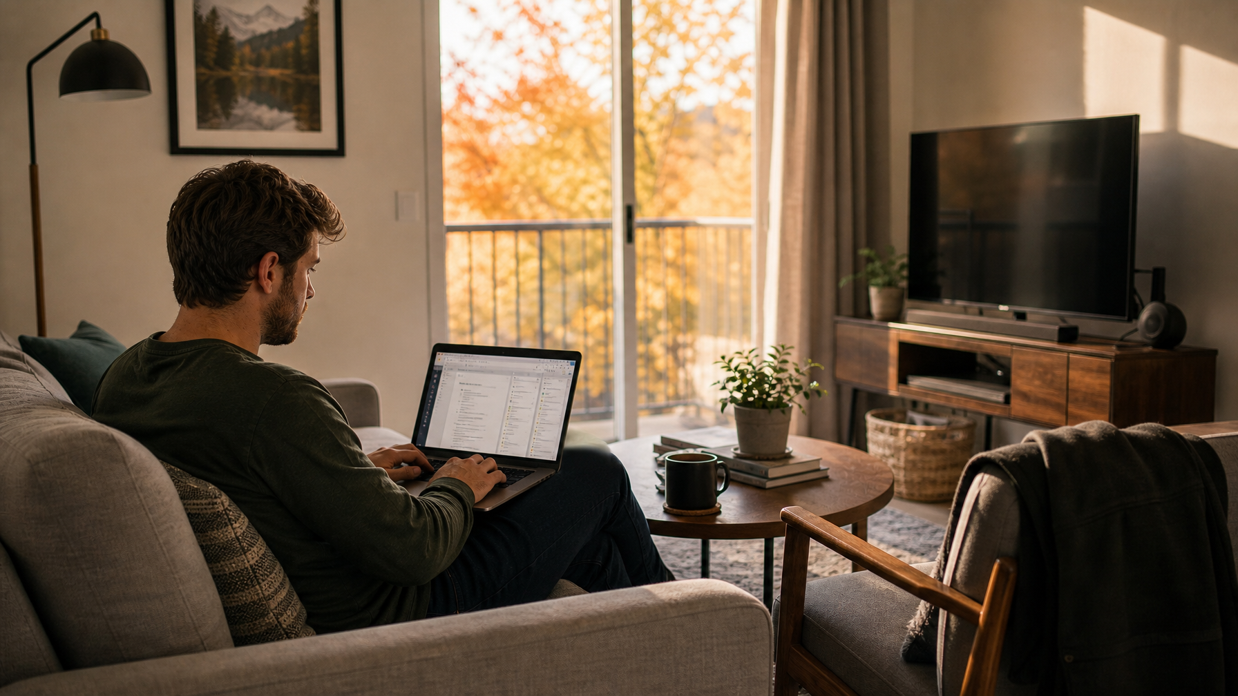 A digital nomad remote worker booking a monthly long-stay vacation rental for fall 2026 shoulder season, representing the highest-value shoulder season guest segment
