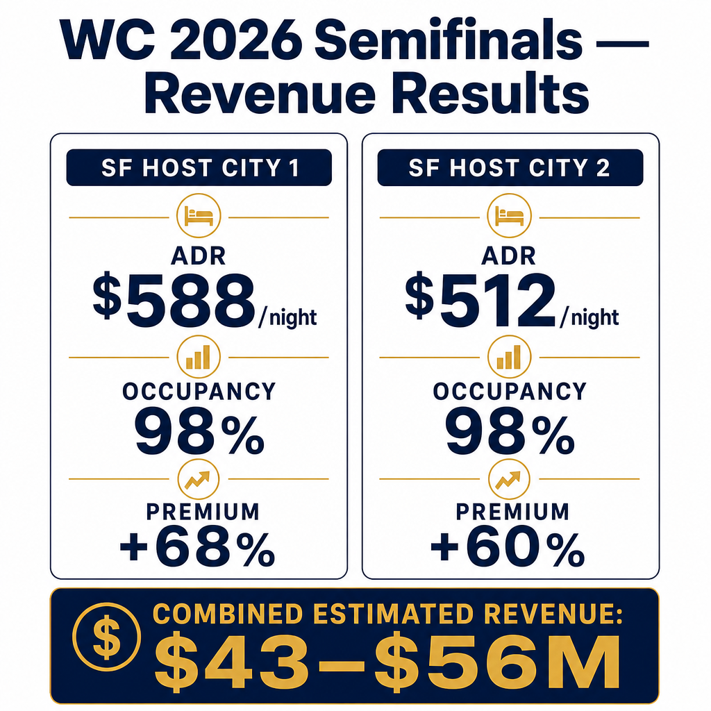 Revenue data from the FIFA World Cup 2026 Semifinals showing ADR occupancy and total STR revenue generated in confirmed US host cities