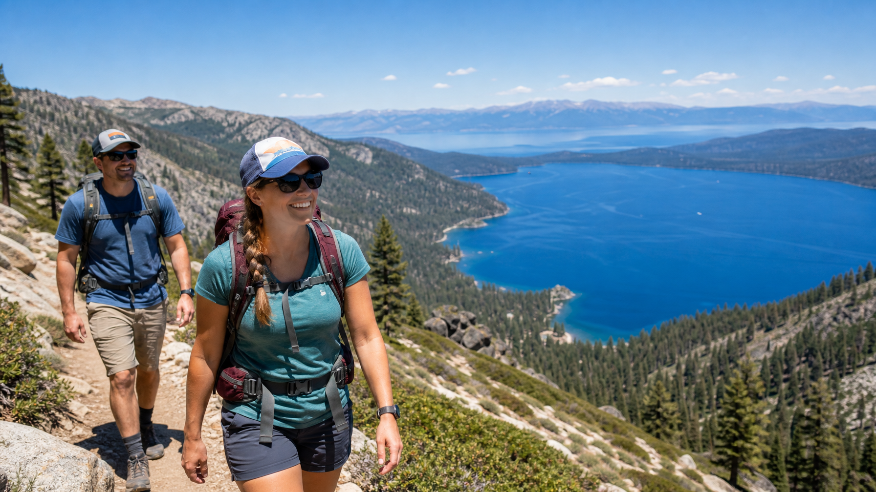 Hikers near a Lake Tahoe vacation rental on a Sierra Nevada trail with panoramic views of Lake Tahoe and surrounding mountains in summer 2026