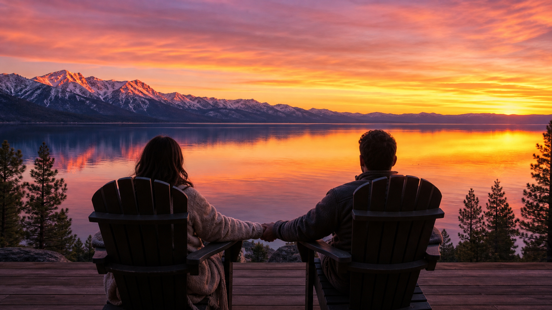 Vacation rental guests watching a Lake Tahoe sunset from their rental deck, with the Sierra Nevada mountains reflecting gold and pink light on the water
