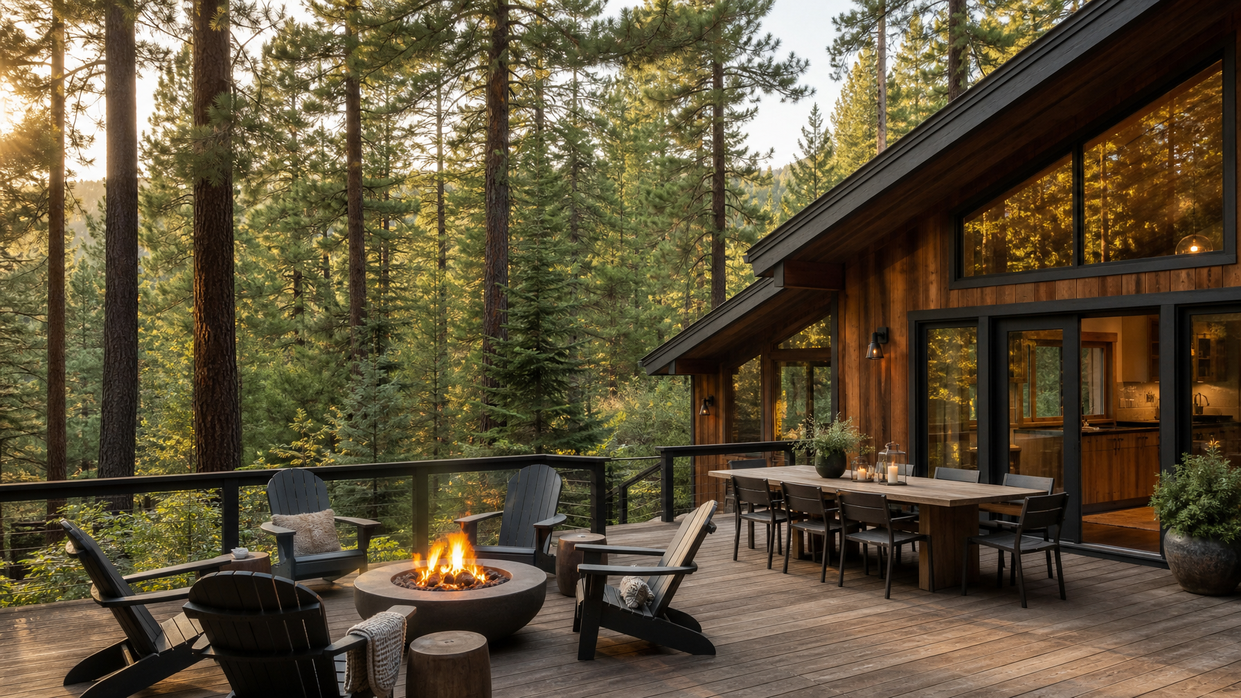 A Truckee California vacation rental surrounded by pine forest with a back deck and fire pit, representing the mountain-resort character of the Tahoe-Truckee rental market