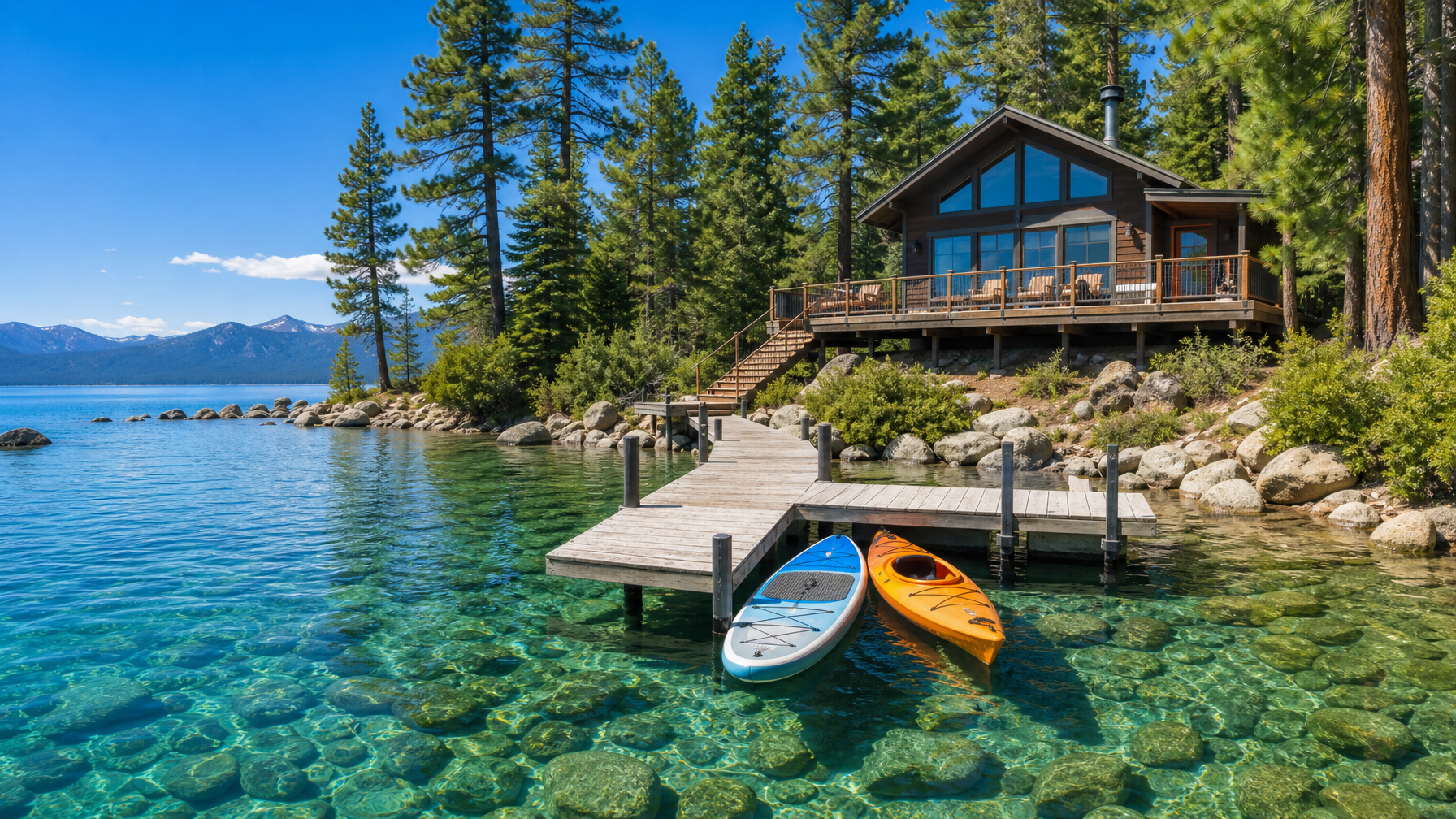 A South Lake Tahoe vacation rental with a private dock and direct lake access on the crystal-clear blue lake in summer 2026