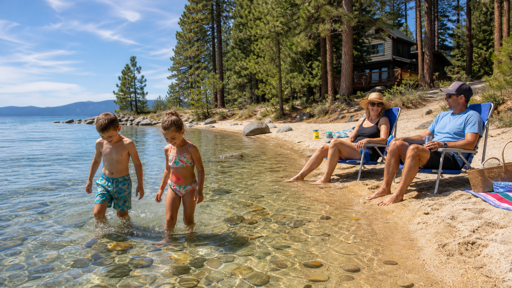 A family at a North Shore Lake Tahoe beach near their vacation rental in summer 2026, showing the calm clear water and family-friendly character of the North Shore