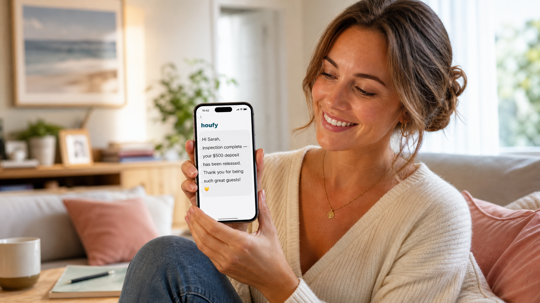 A vacation rental host sending a deposit release confirmation message to a guest after a clean checkout inspection, showing the positive end to the damage deposit process