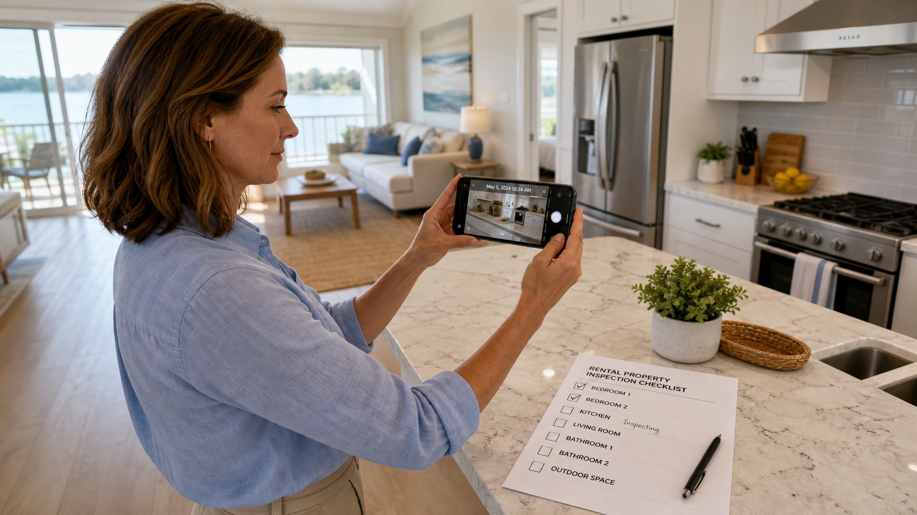 A vacation rental host conducting a systematic pre-check-in property inspection with timestamped photographs to document property condition for damage deposit claims