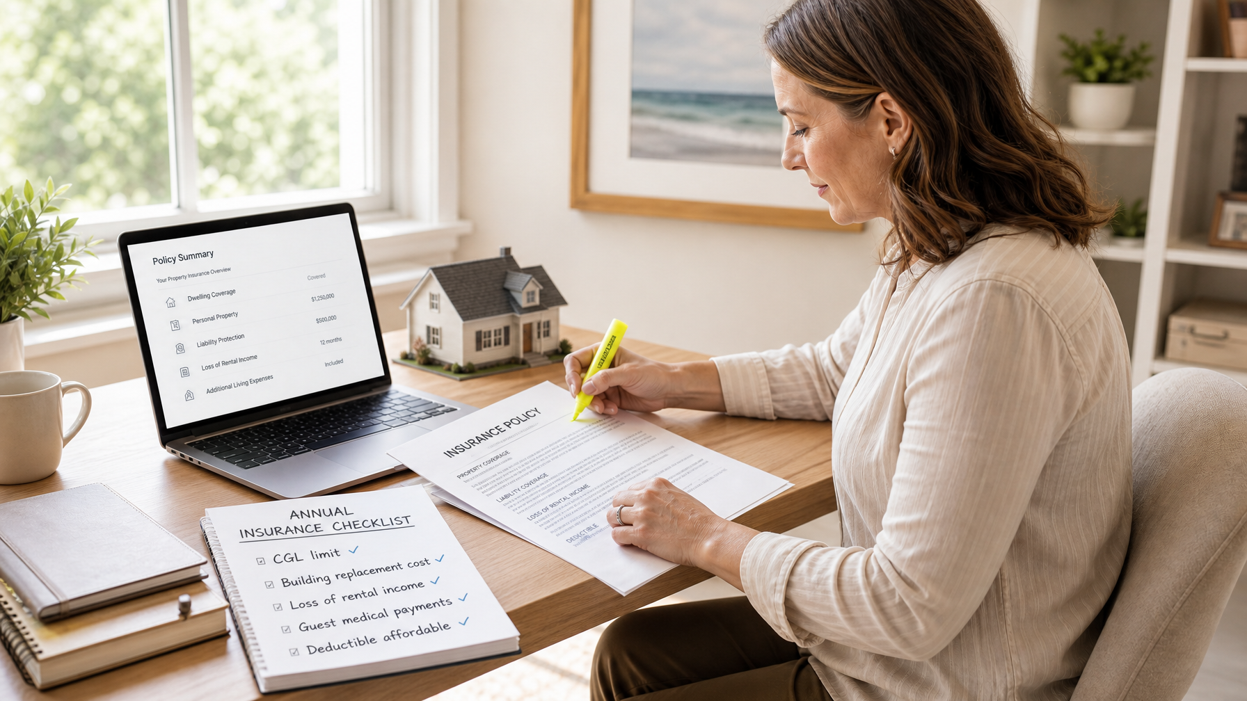 A vacation rental host conducting an annual STR insurance policy review with a checklist of coverage items to verify at renewal time in 2026