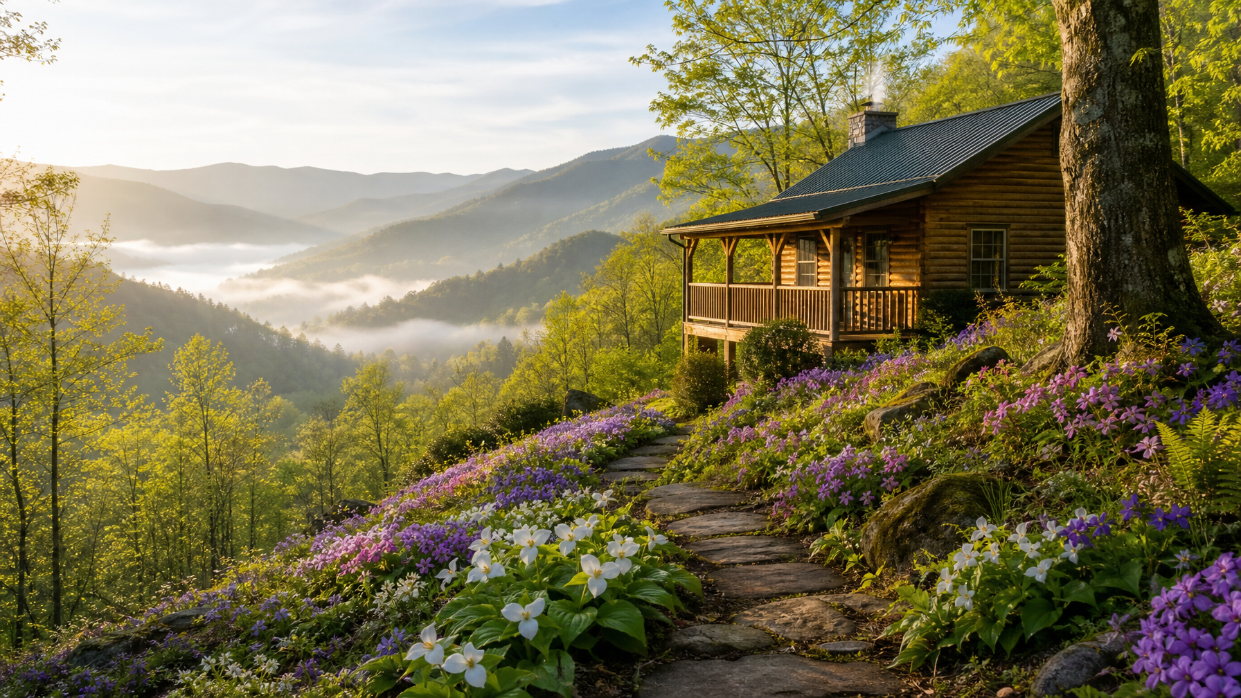 A vacation rental near Great Smoky Mountains National Park with spring wildflowers blooming on the hillside, representing the spring shoulder season travel opportunity in Tennessee
