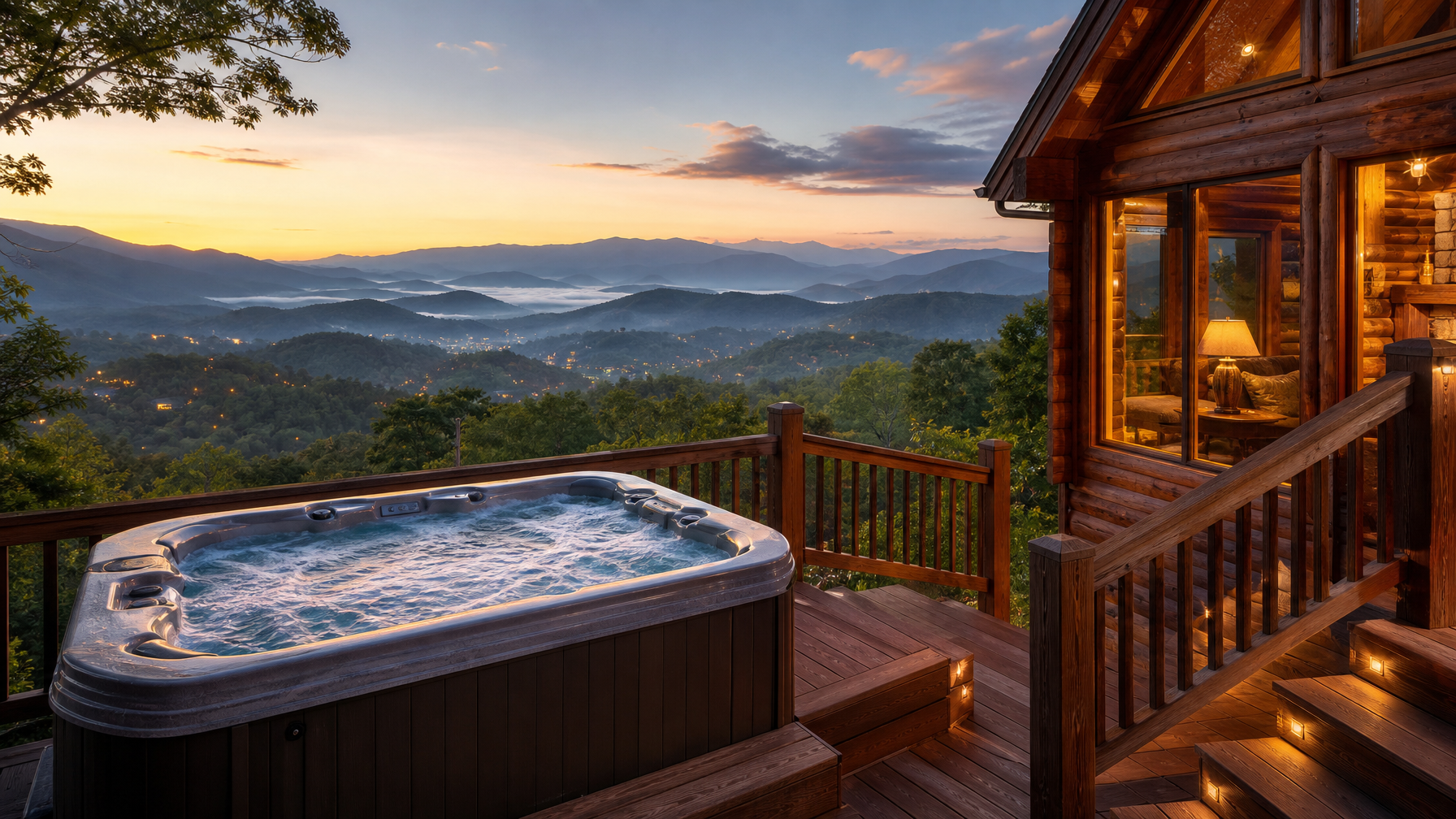 A Gatlinburg Tennessee log cabin vacation rental with a hot tub on the deck and panoramic Great Smoky Mountains views, representing the most in-demand STR property type in the market