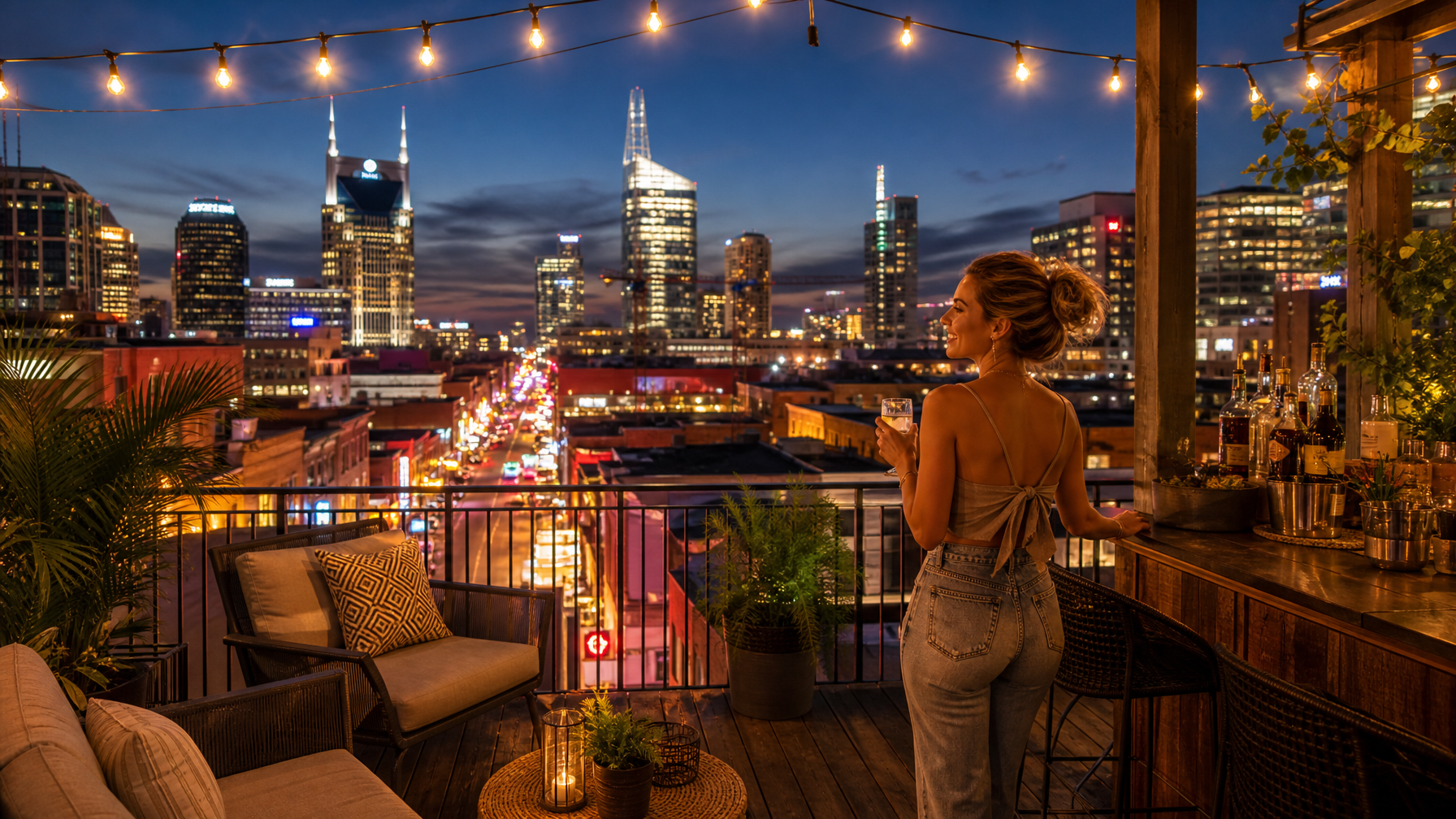 A vacation rental rooftop deck in Nashville Tennessee with views of Lower Broadway and the honky-tonk strip, representing the premium Nashville STR market in 2026