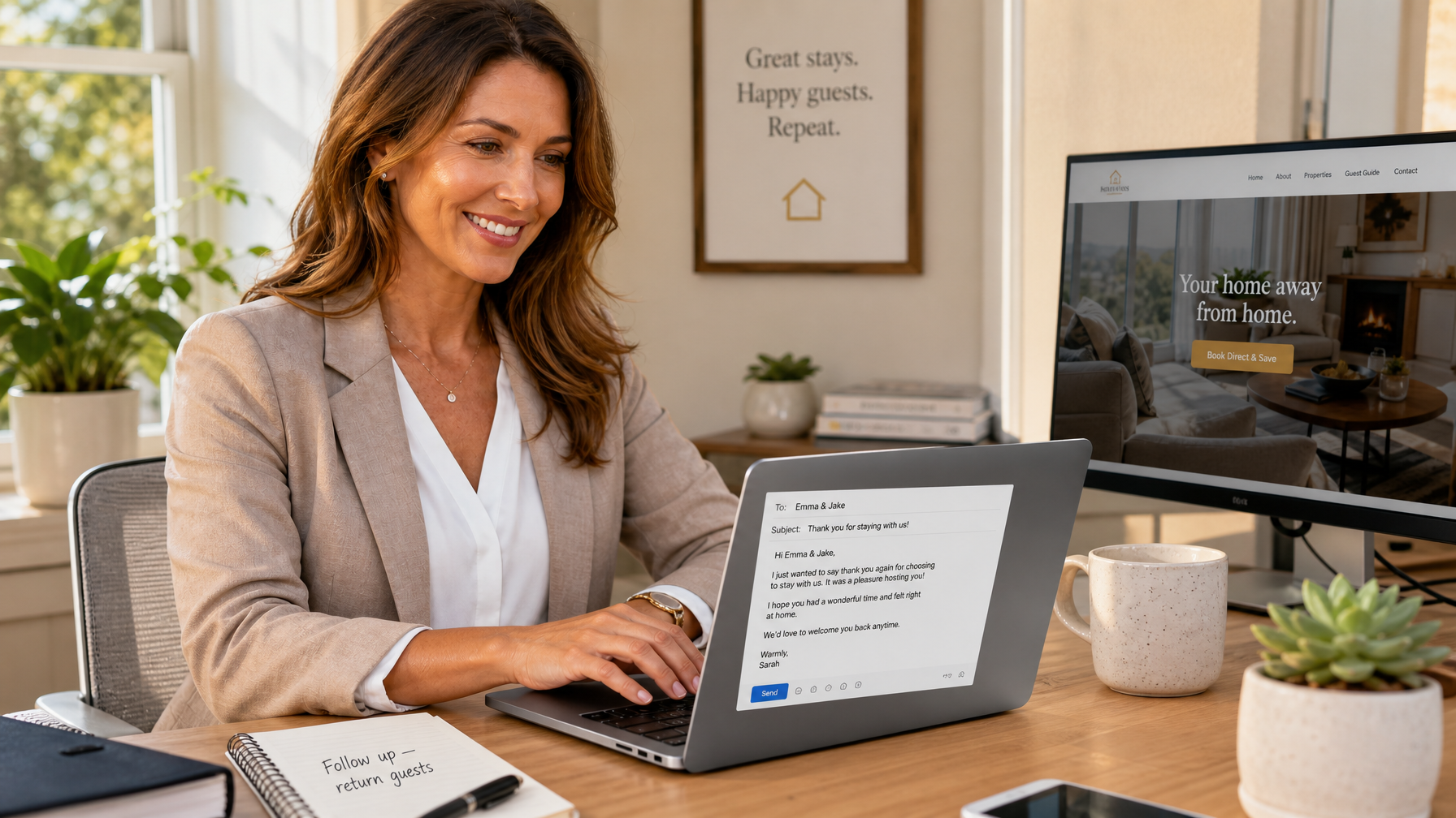 Vacation rental host sending a personal thank-you follow-up email to World Cup 2026 guests with a direct booking website open on screen