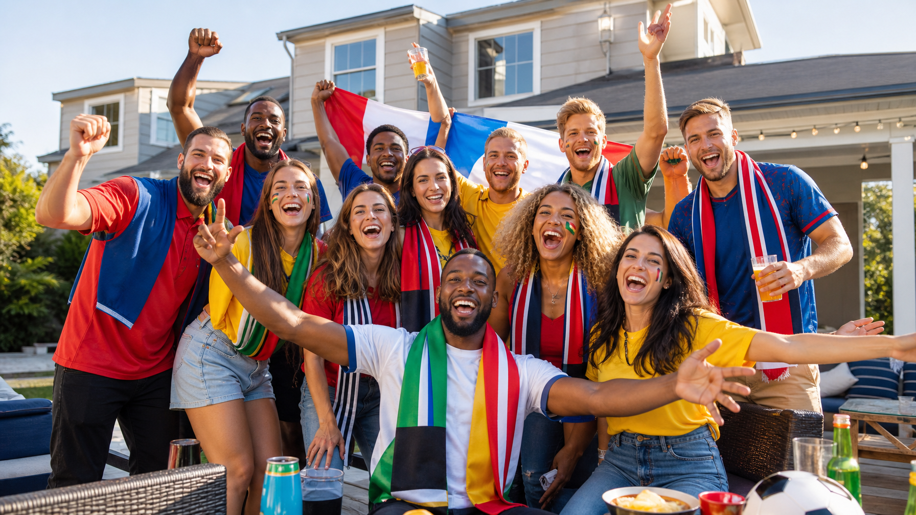 International soccer fans celebrating at a vacation rental during World Cup 2026 Final week representing the peak tournament accommodation experience