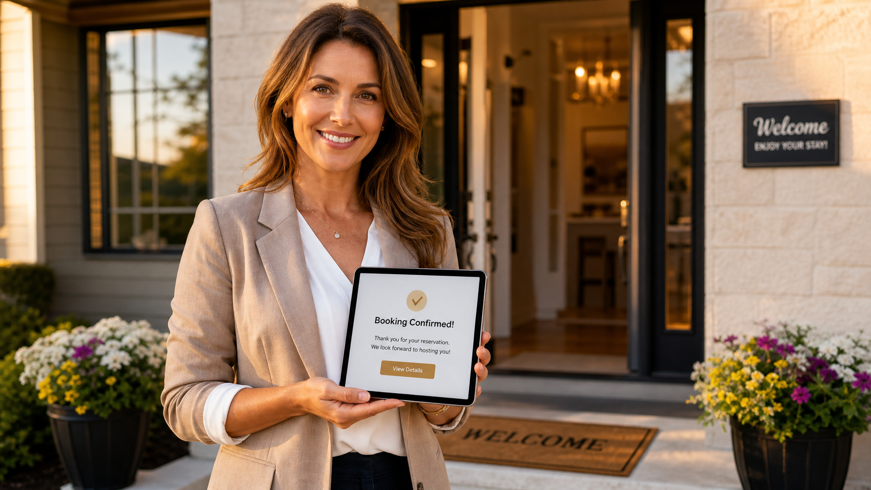 Vacation rental host holding a booking confirmation tablet at a welcoming front door ready for World Cup 2026 Final week guests