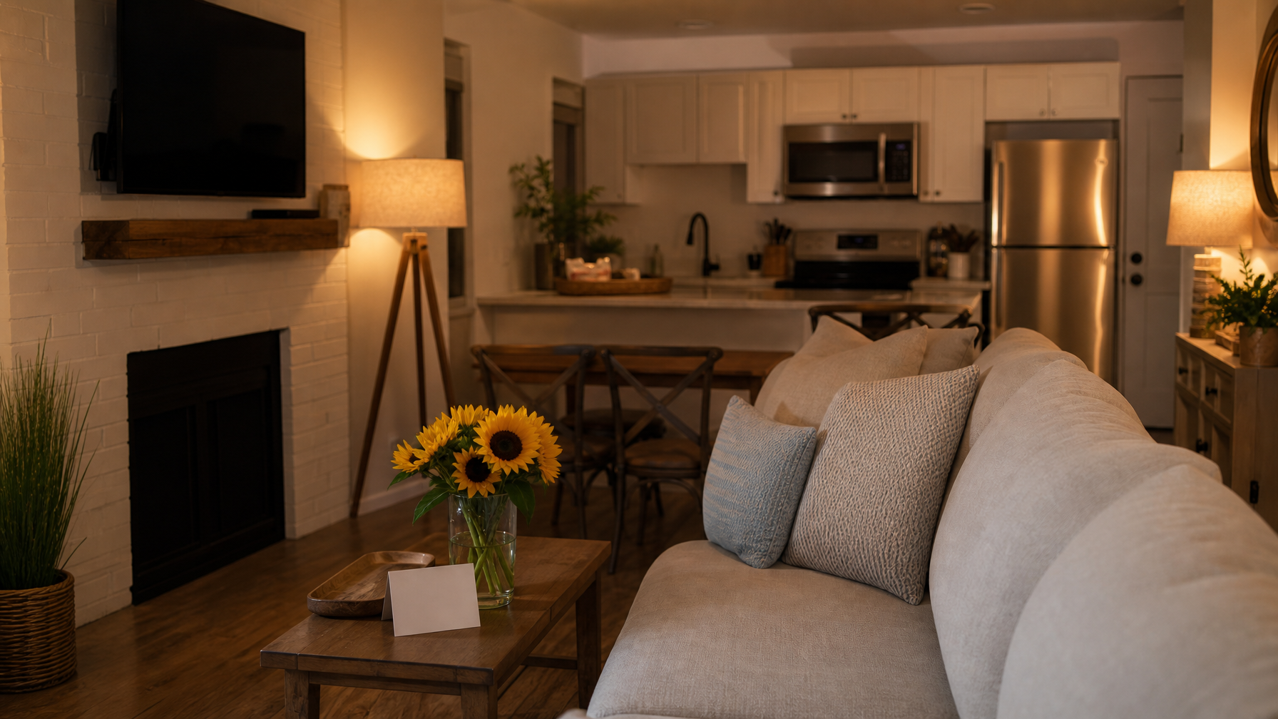 A vacation rental arrival setup with warm ambient lamp lighting, fresh flowers, a handwritten welcome card, and a small local welcome basket creating a 5-star first impression