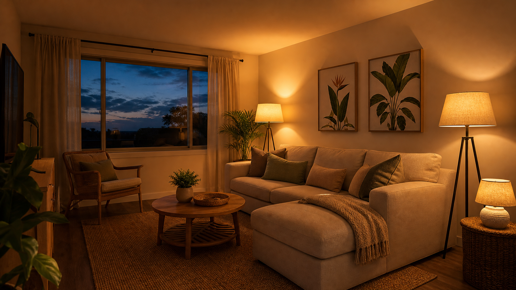 A vacation rental living room staged with warm lamp lighting and overhead lights off, showing the lighting setup that creates a 5-star arrival impression