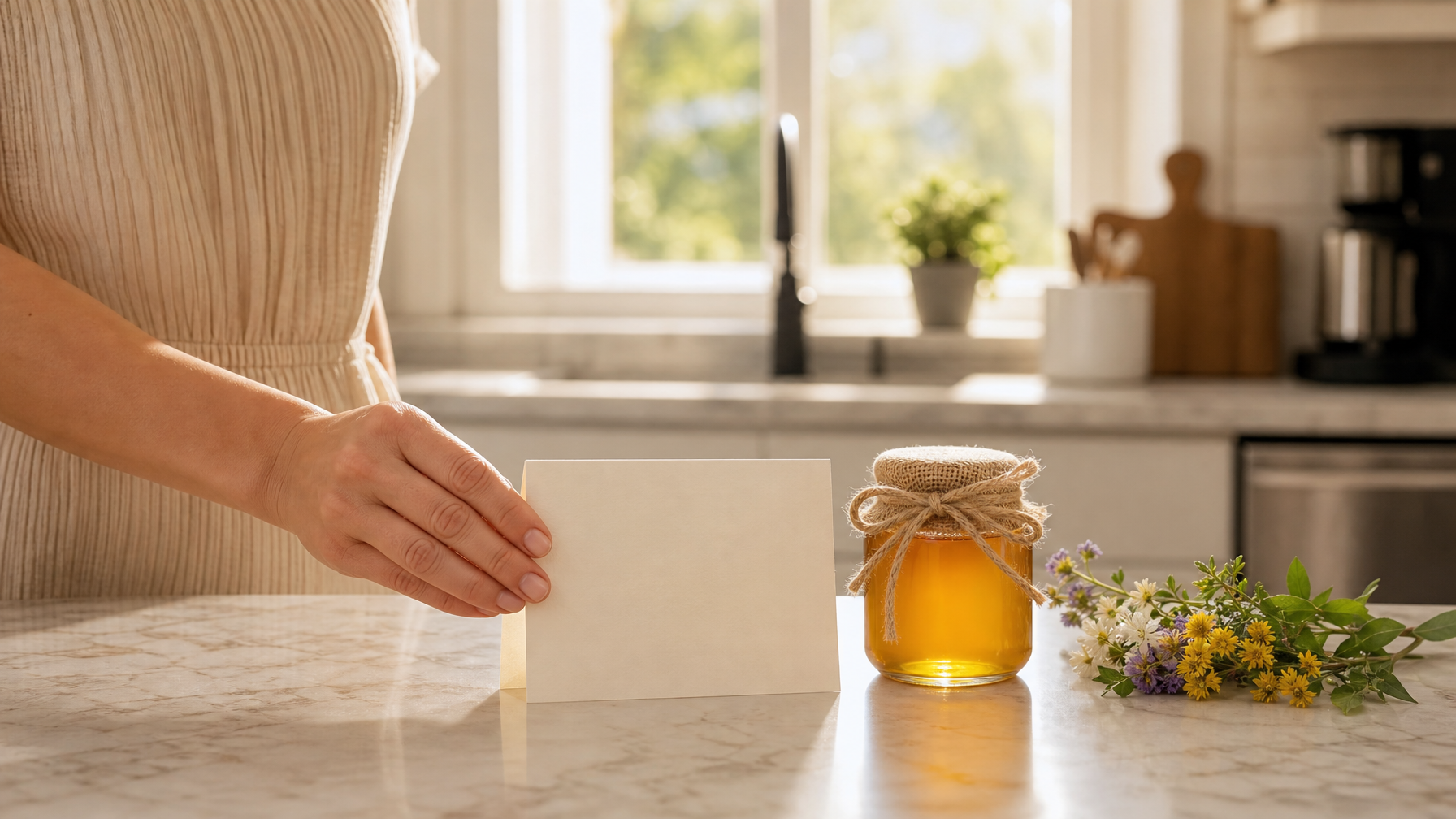 A handwritten welcome note and a jar of local honey on a vacation rental kitchen counter as a personal welcome touch for arriving guests