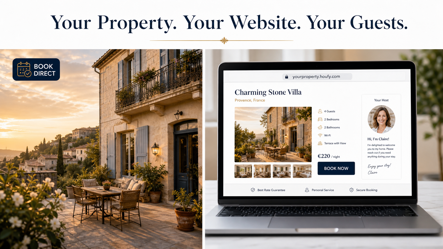A vacation rental host's direct booking website on a laptop showing a property listing with a Book Now button and the URL yourproperty.houfy.com alongside the text Your Property Your Website Your Guests — illustrating how World Cup 2026 hosts can convert tournament guests into repeat direct bookings