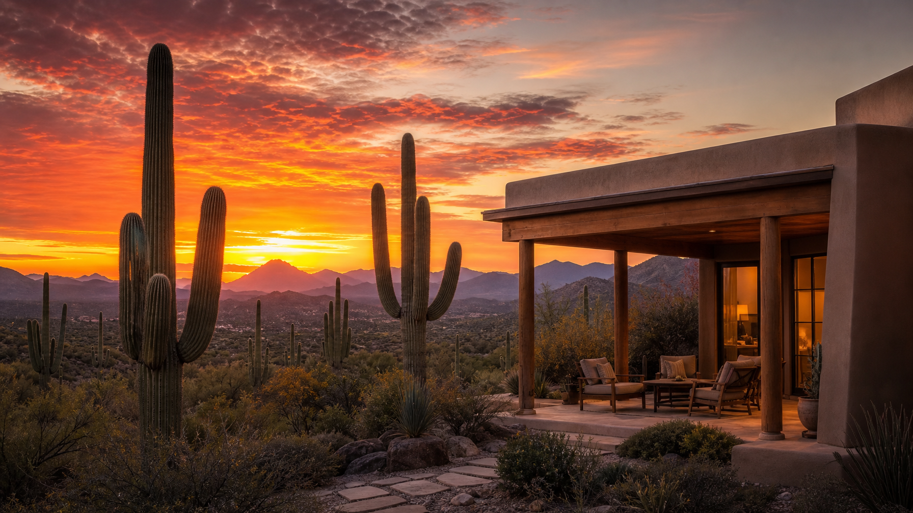 A Tucson Arizona vacation rental surrounded by giant saguaro cacti in the Sonoran Desert at sunset representing the authentic Southwest desert vacation rental experience