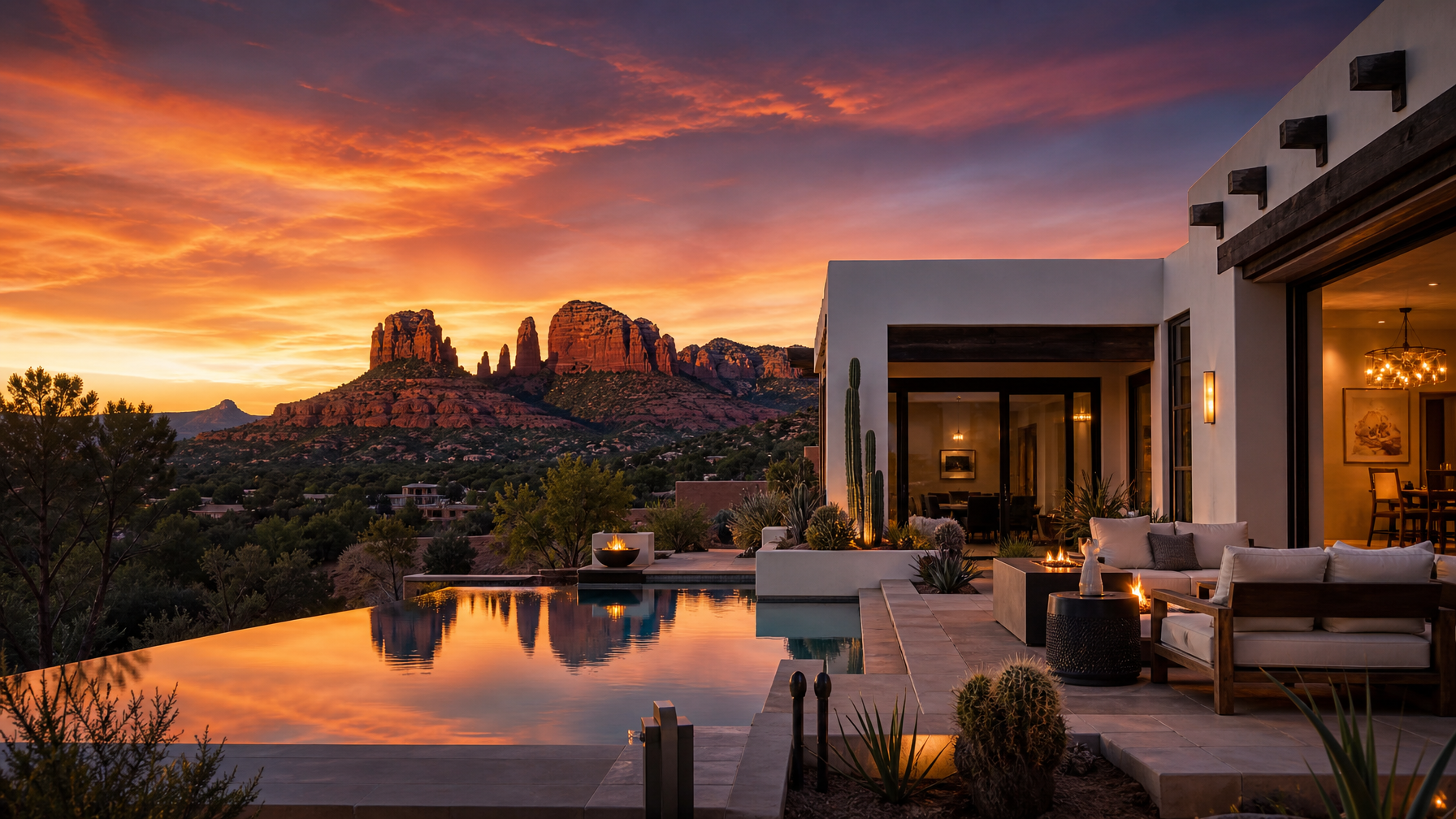 A Sedona Arizona vacation rental with a private pool and panoramic red rock formation views at sunset representing the premium end of the Arizona STR market