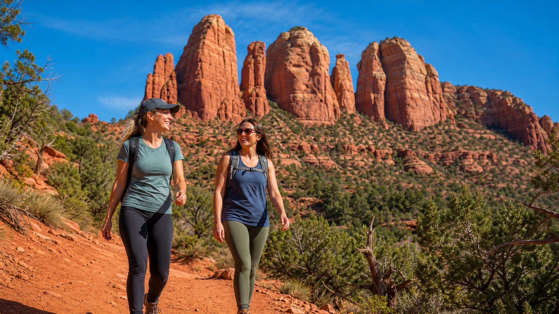 Guests hiking the Cathedral Rock trail near their Sedona Arizona vacation rental with the iconic red rock formation in the background in 2026