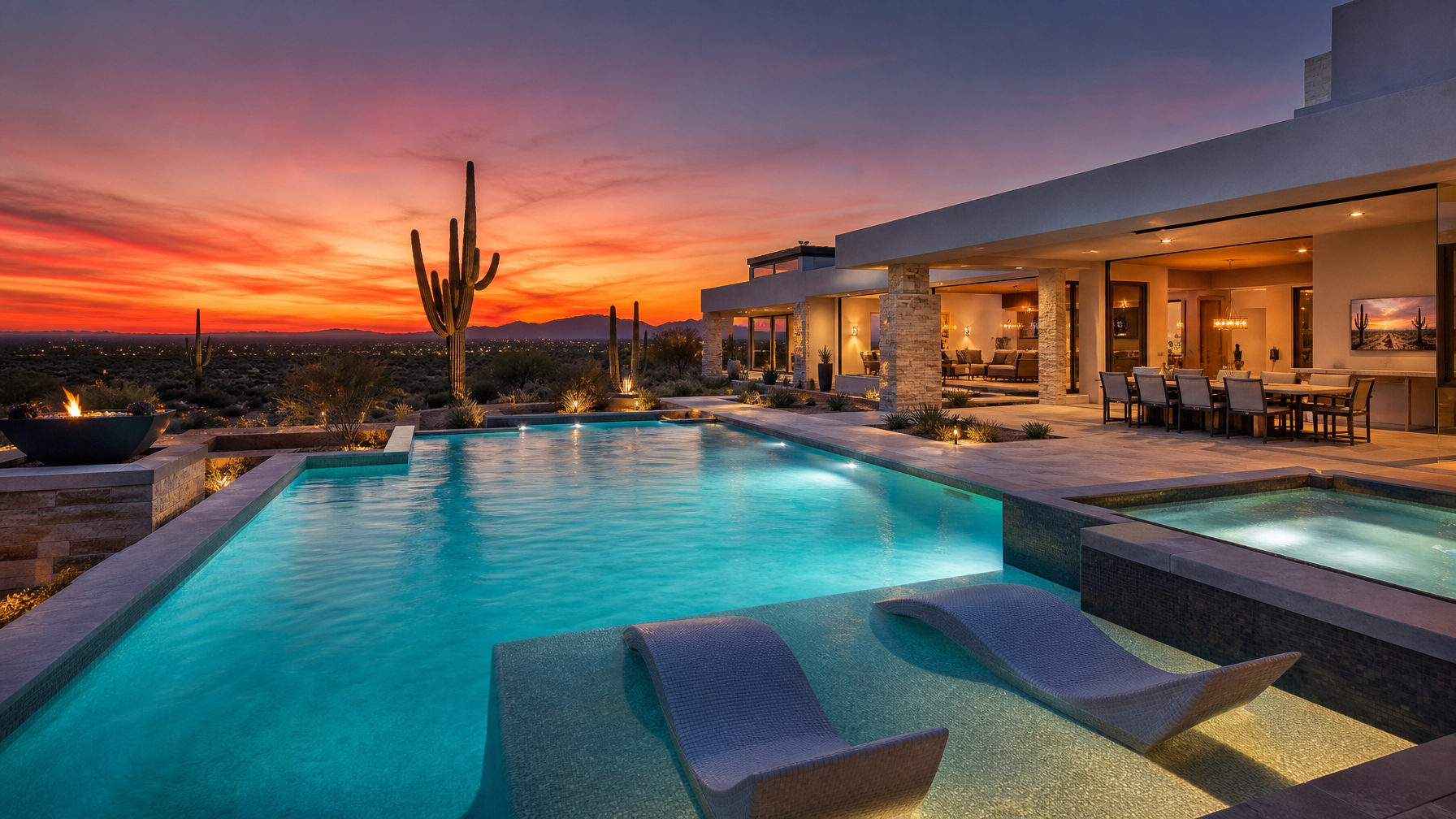 A luxury Scottsdale Arizona vacation rental with a heated private pool and desert landscape views at sunset representing the most in-demand amenity in the Phoenix metro STR market